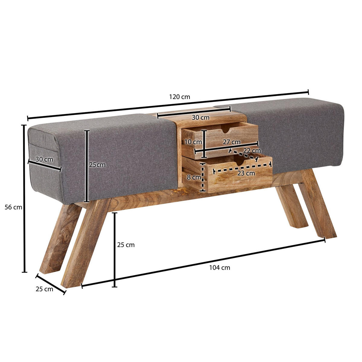 SITZBANK Massivholz Stoffbezug mit 2 Schubladen, Grau 120x30x56 cm - Braun/Grau, Mangoholz/Textil (120/56/30cm) - KADIMA DESIGN