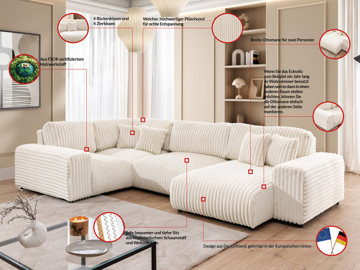 WOHNLANDSCHAFT Mollis Hellbeige Plüschcord im XXL-Format - Ottomane Rechts - Beige/Schwarz, Holz/Kunststoff (316/77/194cm) - S-Style Möbel