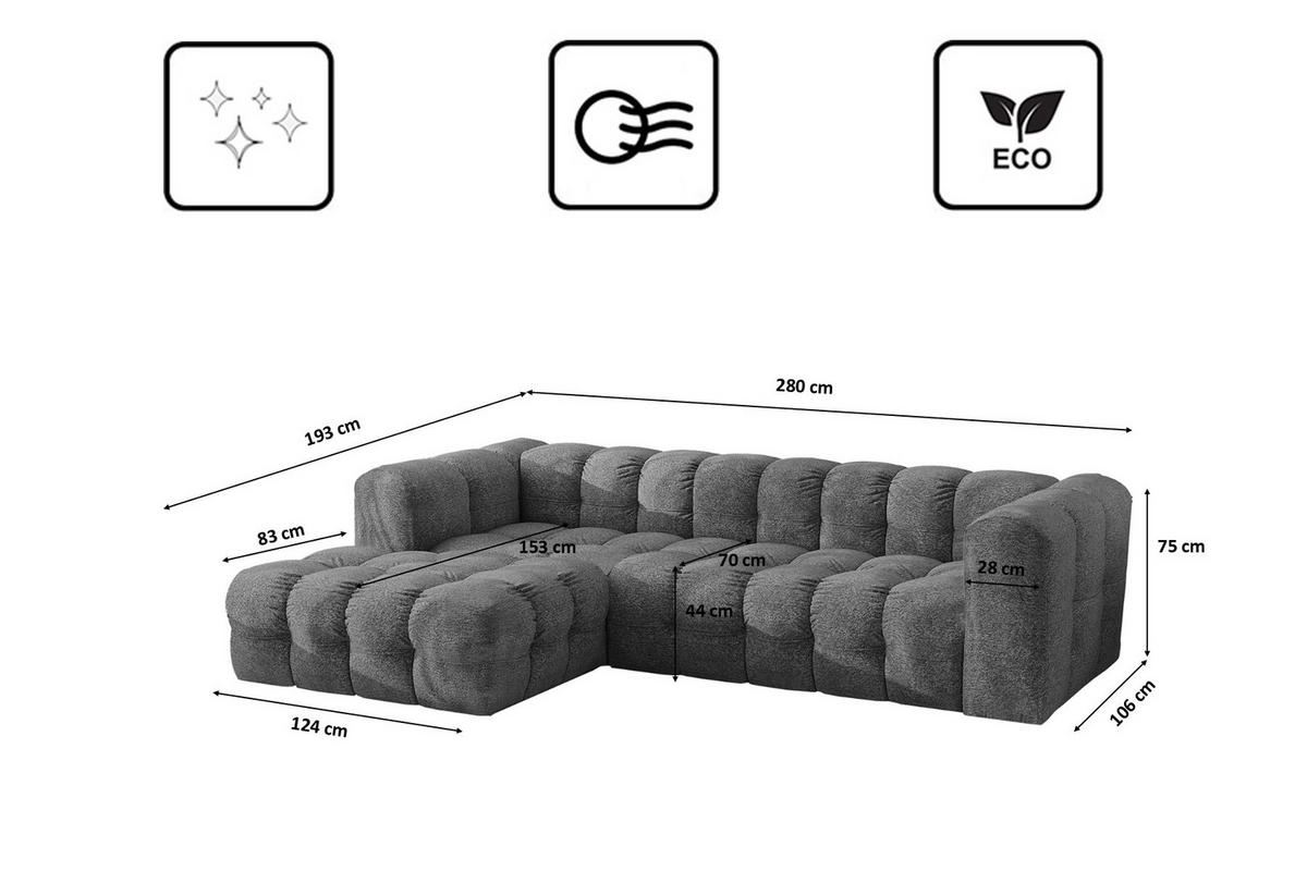 ECKSOFA L-form BALOO L, Chenille-Stoff Arena, Anthrazit, Links - Anthrazit, Holz (280/193cm) - Kaiser Möbel