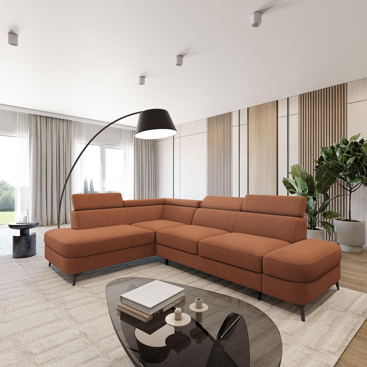 ECKSOFA AVISE Q L-S Orange Boucle-Stoff mit Schlaffunktion - Orange, Holzwerkstoff/Textil (268/195cm) - MASSENO