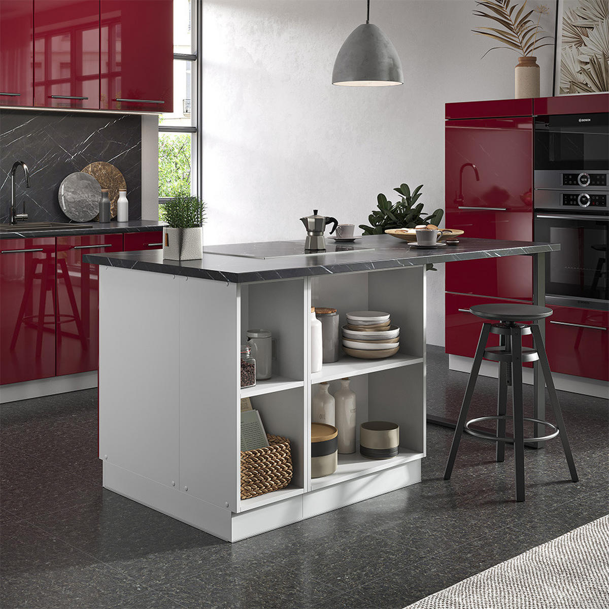 KÜCHENINSEL Fame-Line Bordeaux Hochglanz/Weiß 90 cm mit Schublade ohne AP - Bordeaux/Weiß, Holzwerkstoff (90/82/60cm) - Vicco