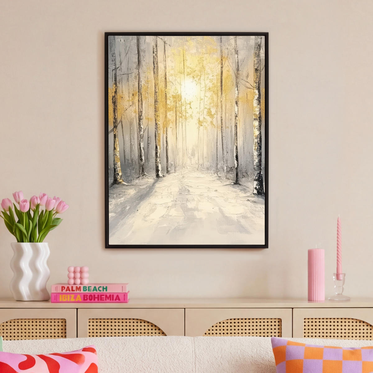 LEINWAND Bilder mit Rahmen - Winter - Abstrakt - Schnee - Natur - Sonne - 70x100 - Grau, Textil (70/100cm) - MuchoWow