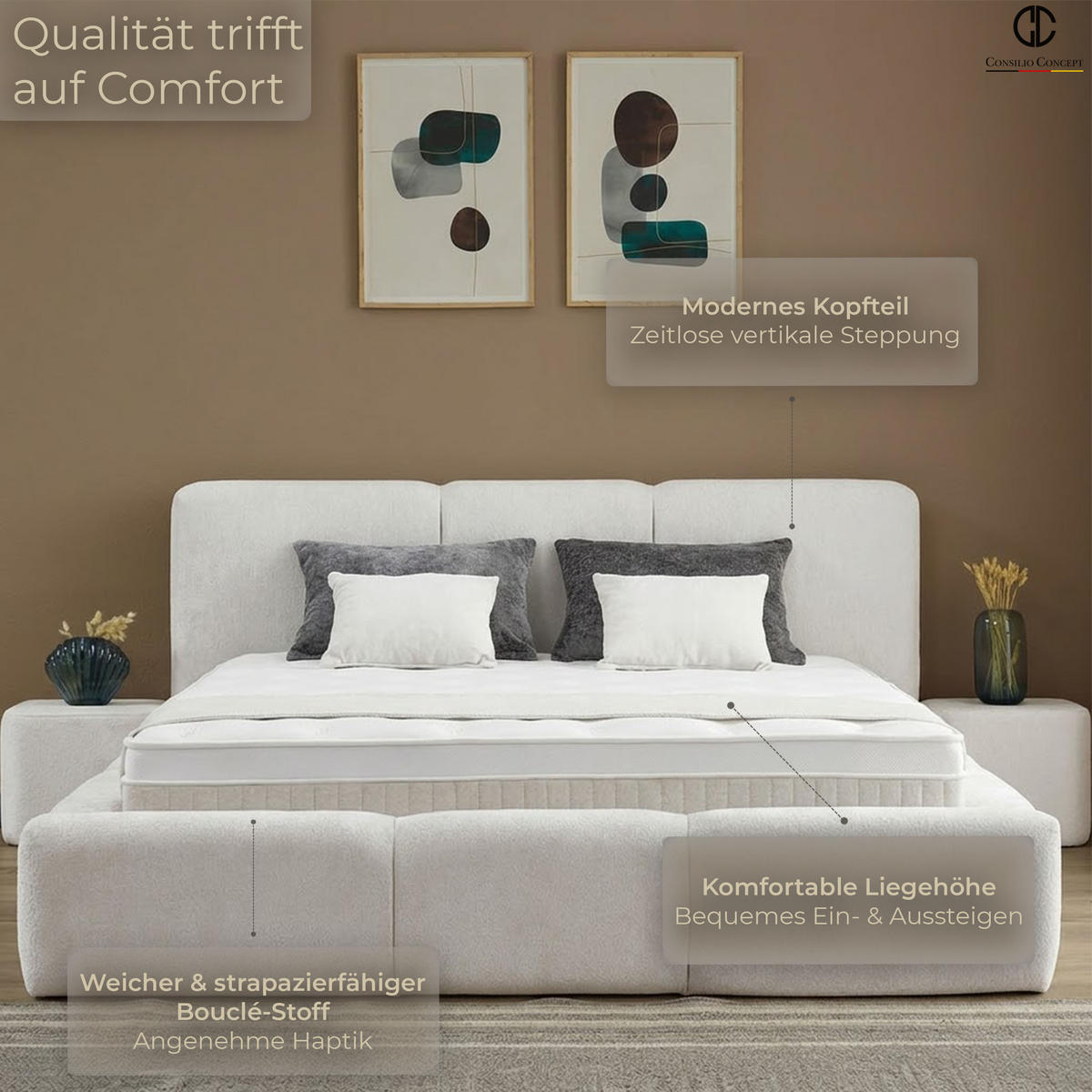 BOXSPRINGBETT MIT BETTKASTEN ELSA 180/200 cm, Ivory, Bettkasten, Matratze, Topper integriert, H3 mittel - Creme/Schwarz, Holz/Kunststoff (180/200cm) - Consilio Concept