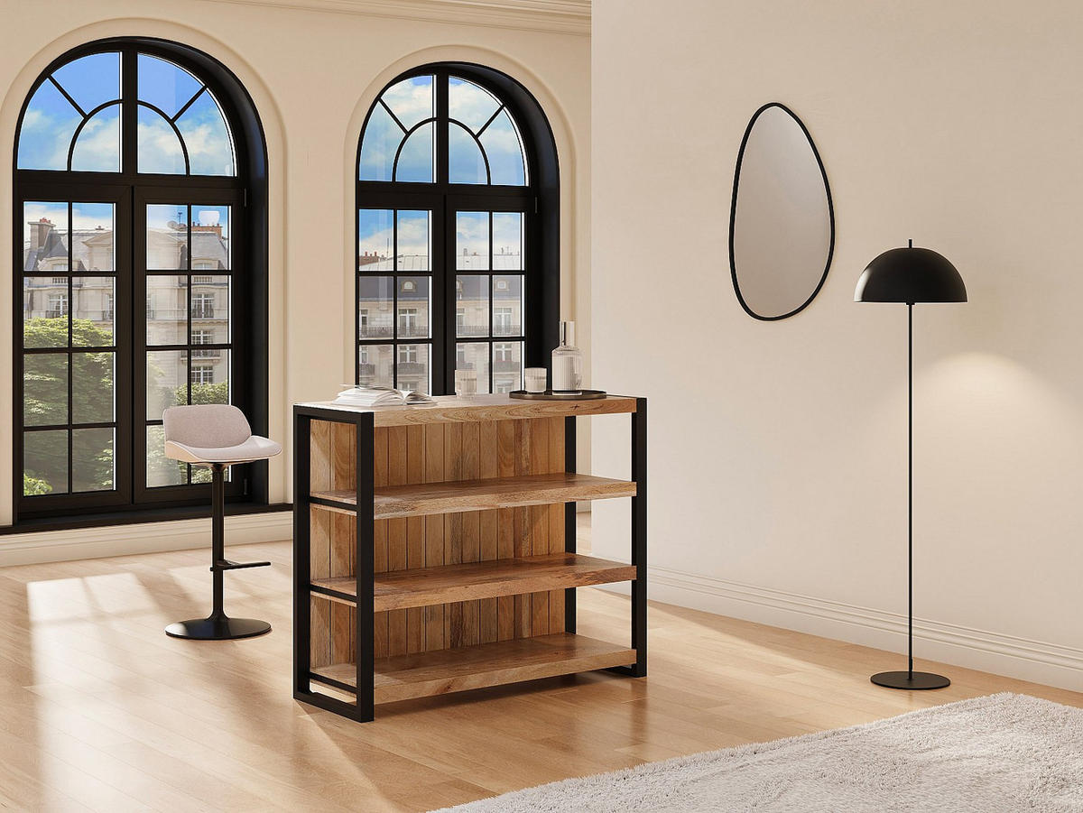 BARMÖBEL mit 3 Regalen - Mangoholz & Metall - Holzfarben & Schwarz - HARLEM II - Naturfarben, Holz (120/100/45cm) - Vente-Unique