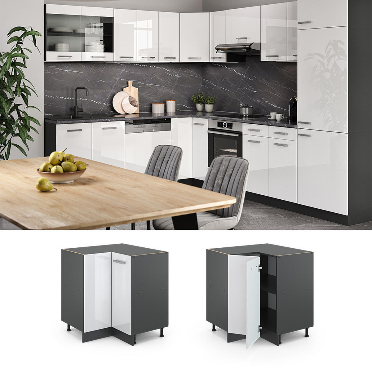 ECKUNTERSCHRANK R-Line Weiß Hochglanz 75.6 cm AP Marmor - Weiß Hochglanz/Anthrazit, Holzwerkstoff (75.6/81.6/60cm) - Vicco