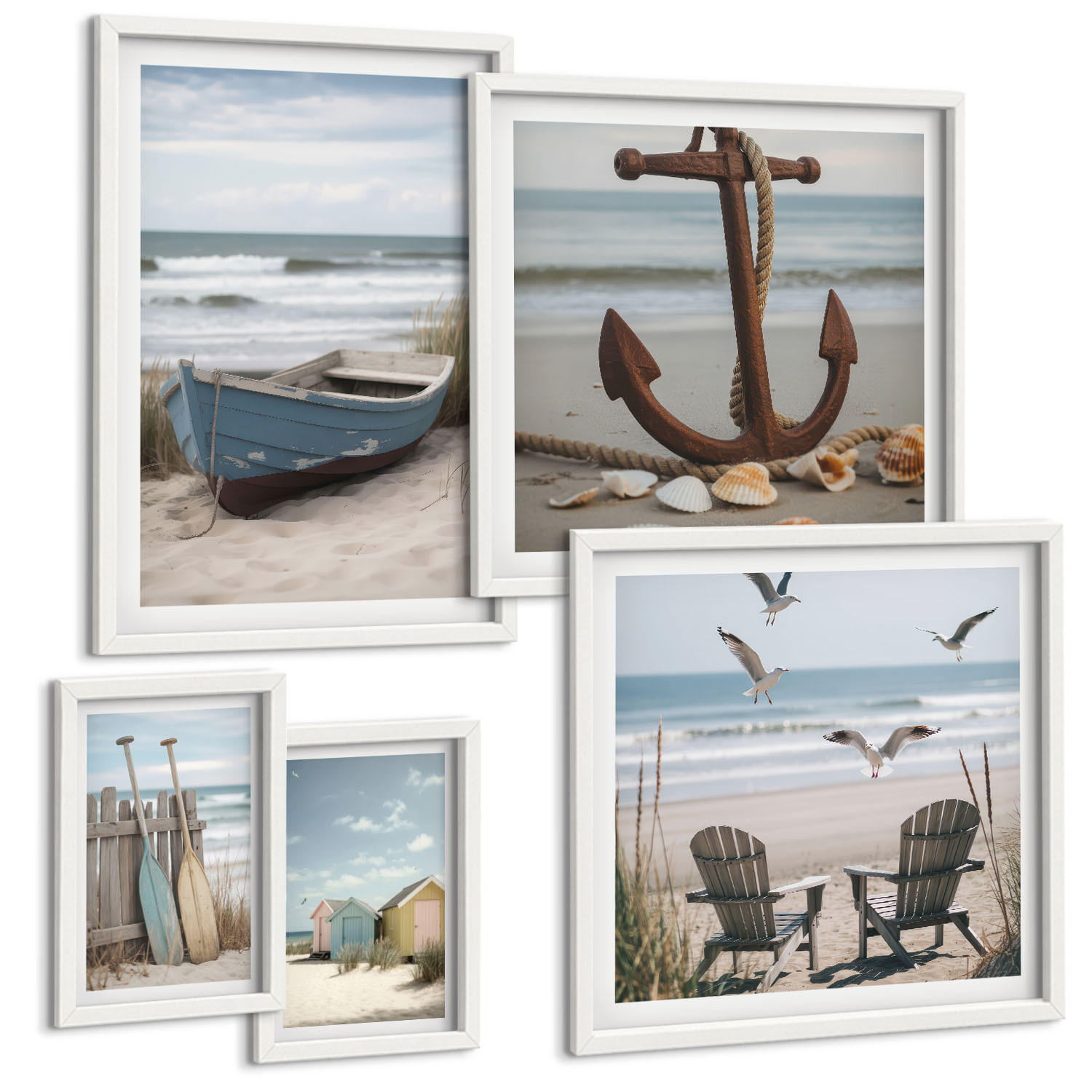 BILDER SET 5er Set - 50x50 cm & 20x30 cm & 40x60 cm Weißer Rahmen - Abstrakte Pflanzenmotive - Weiß, Kunststoff (40/60cm) - TULUP