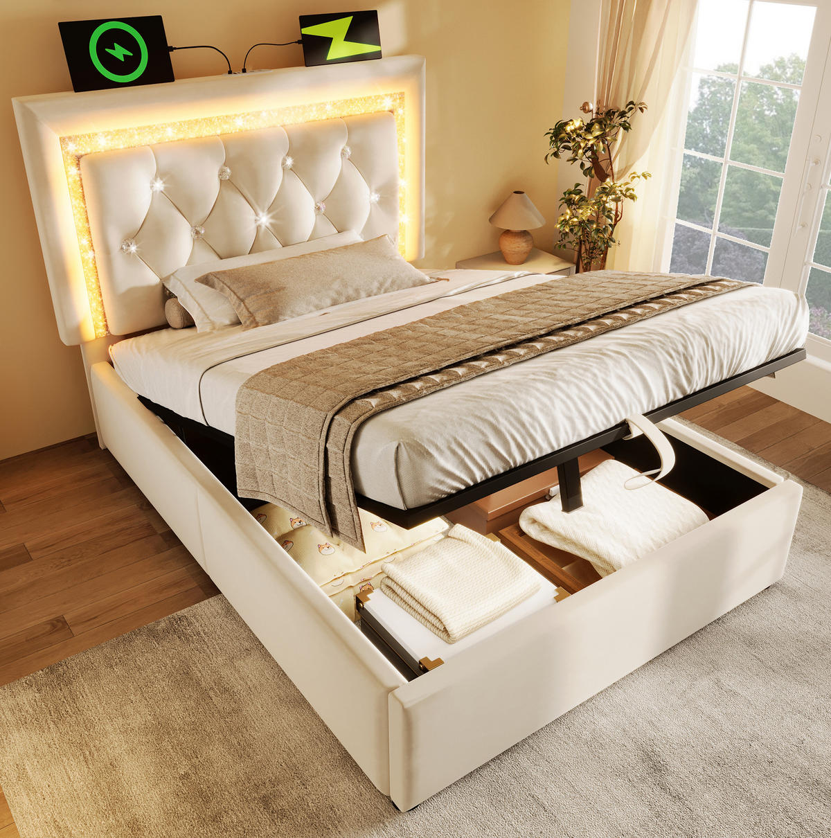 POLSTERBETT 90/200 cm Beige aus Samt mit Bettkasten, LED und Matratze - Beige, Textil (90/200cm) - Flora Grace