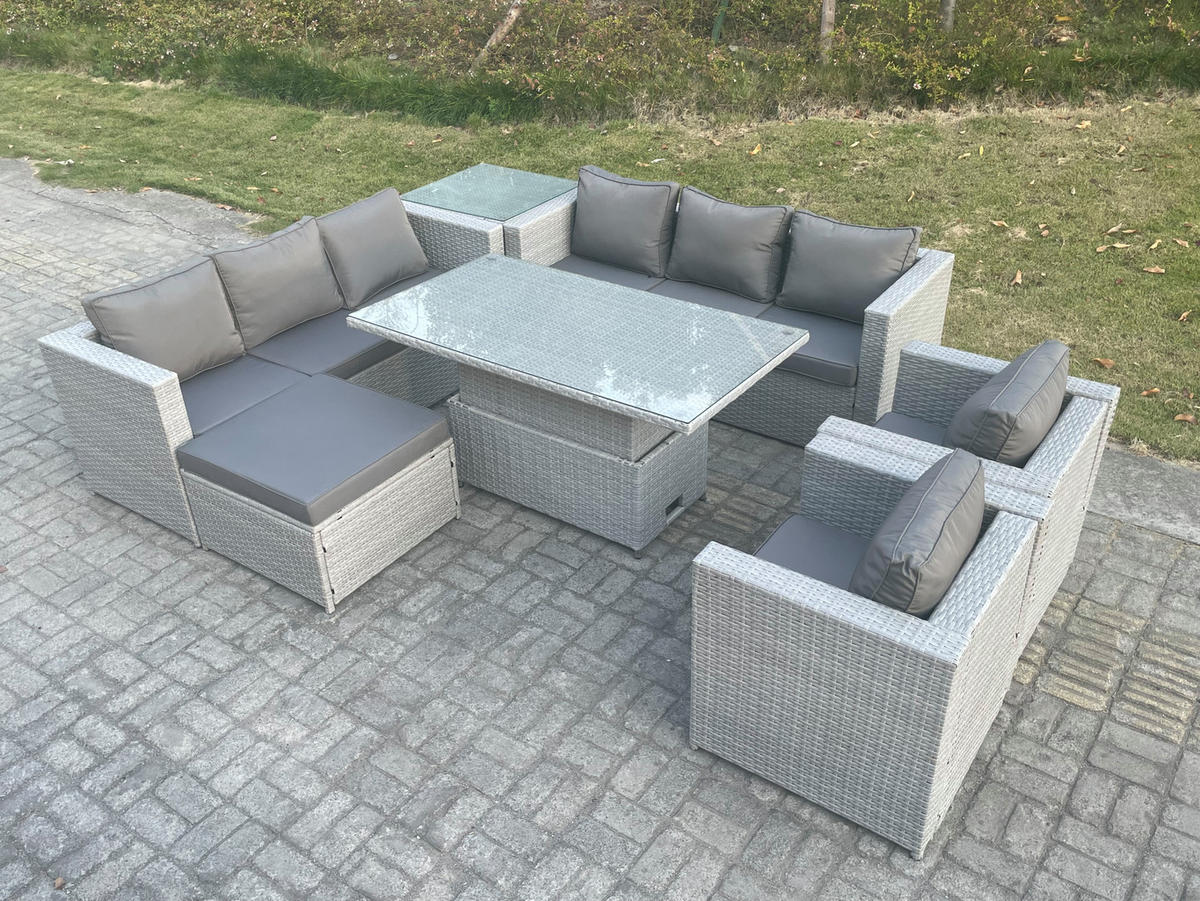 GARTENMÖBEL SET mit höhenverstellbarer Tisch Polyrattan Helles Grau 9-Sitzer - Hellgrau, Metall - Fimous