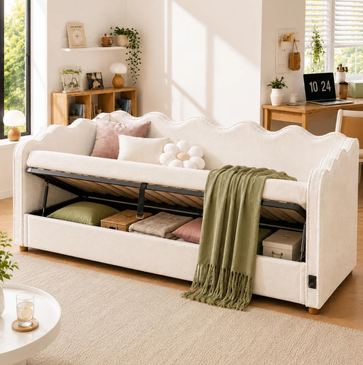 KINDERBETT 90/200 cm mit hydraulischem Stauraum, USB- und Type-C-Anschluss, Samtbezug, Beige - Beige, Textil (90/200cm) - Redom