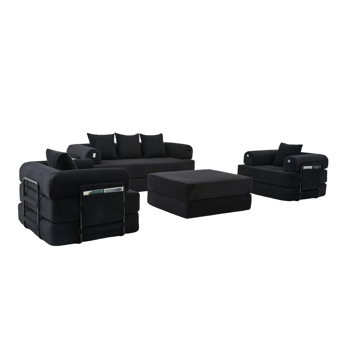 3-SITZER aus Cord 200x94x67 cm Schwarz mit Hocker, Metallgestell, Seitentasche und frei kombinierbaren Modulen - Schwarz, Textil (200/67/190cm) - Modfu