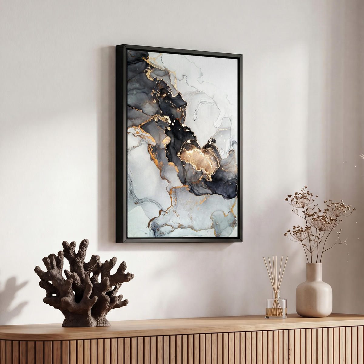 LEINWAND Bilder mit Rahmen - Marmor - Schwarz - Weiß - Gold - Luxus - Abstrakt - 20x30 - Goldfarben, Textil (20/30cm) - MuchoWow