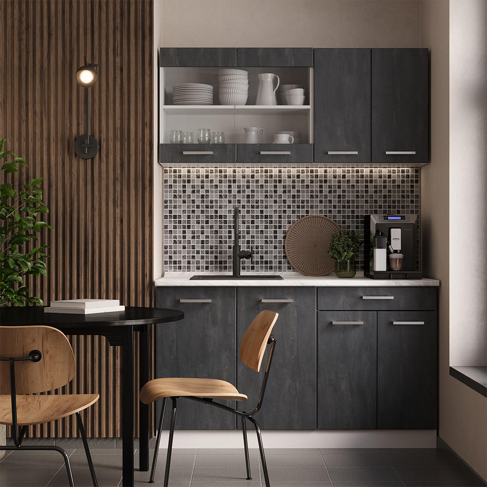 KÜCHENZEILE KÜCHE R-Line Schwarz Beton/Weiß 140 cm AP Eiche - Schwarz/Weiß, Holzwerkstoff (140/81.6/60cm) - Vicco