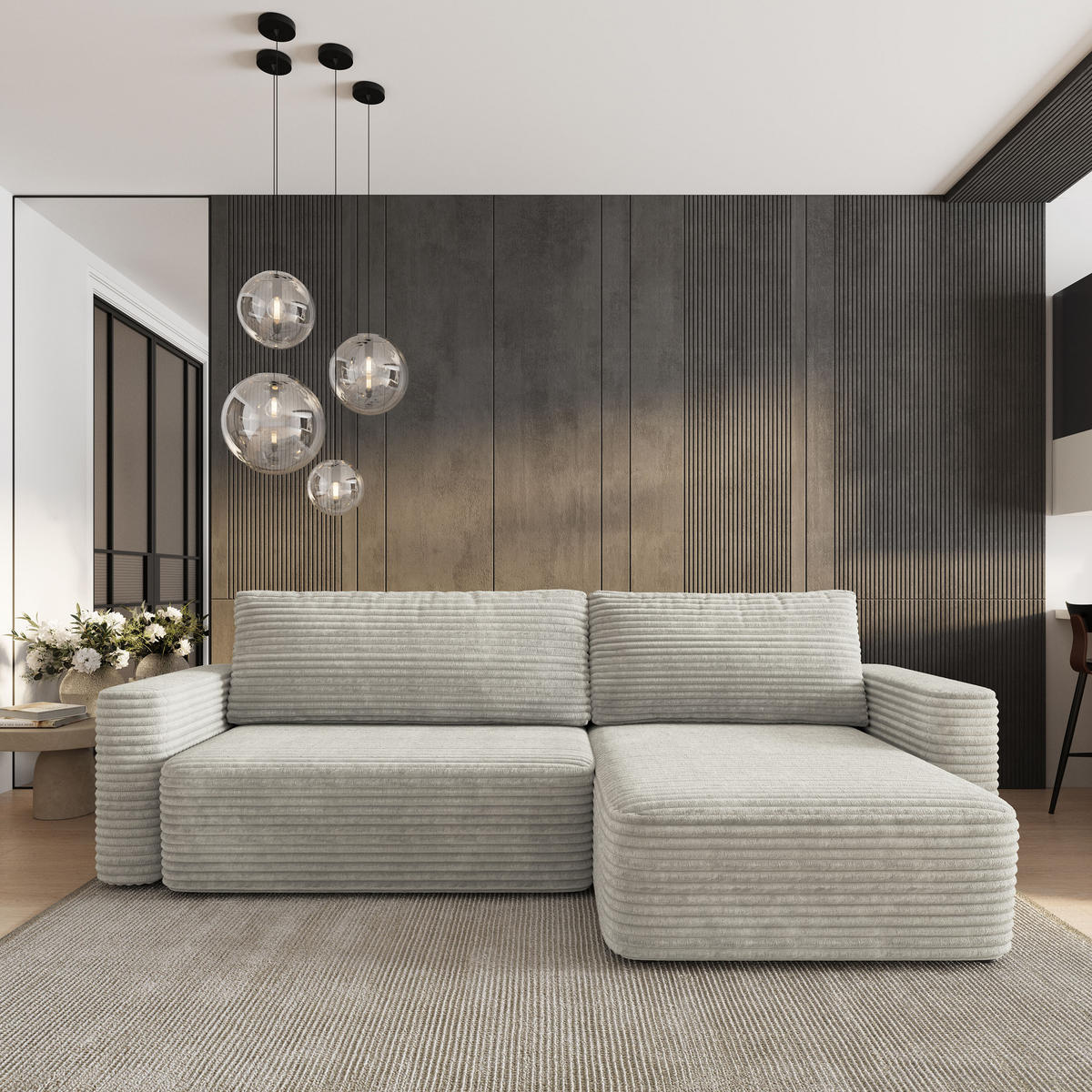 ECKSOFA TELIN Hellgrau Kordstoff mit Schlaffunktion - Hellgrau, Holz (280/162cm) - MASSENO