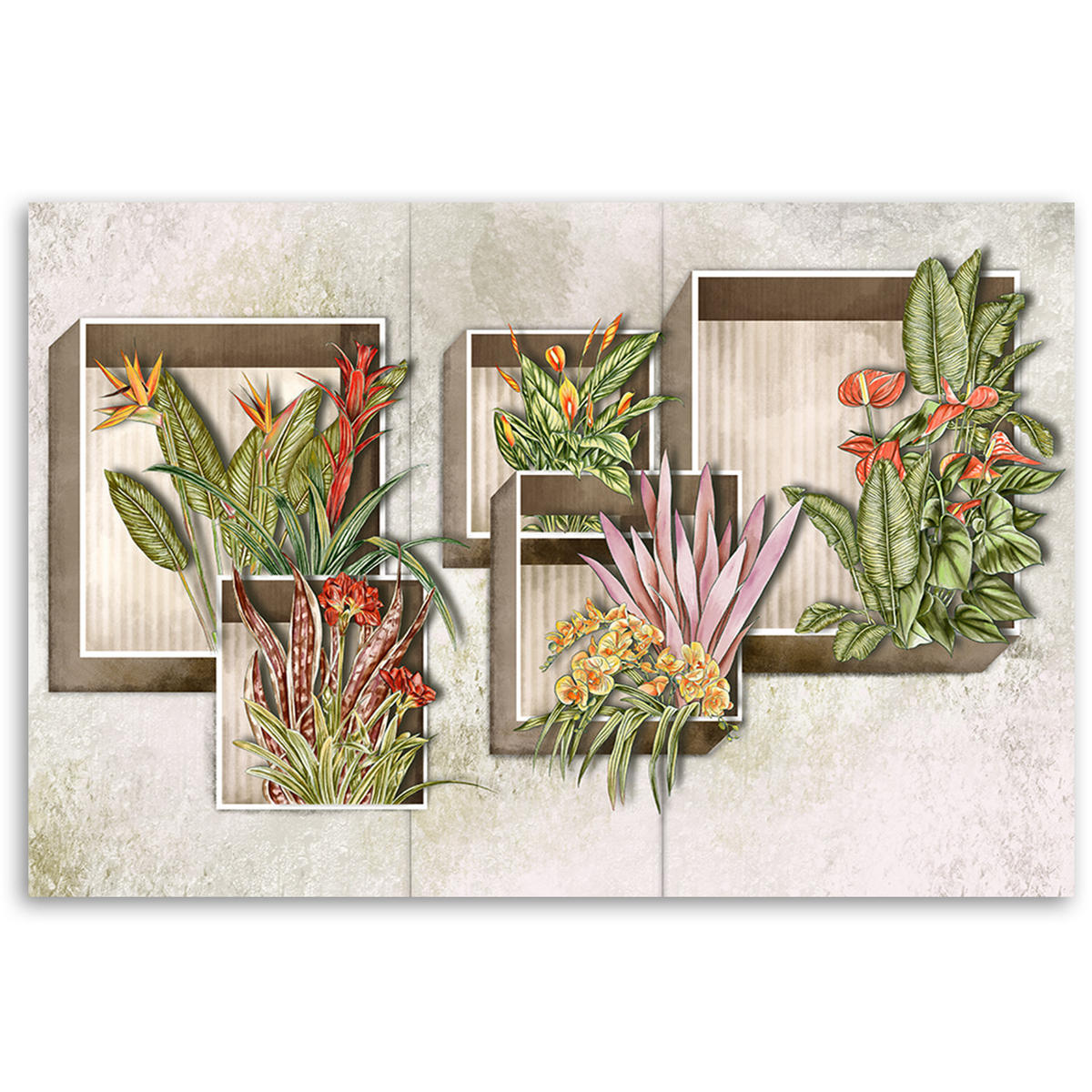 WANDBILD quadratkisten regale mit blumen - Pink, Textil (60/40cm) - Feeby