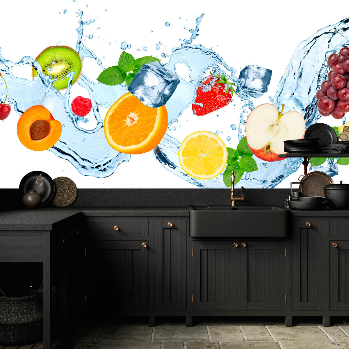 FOTOTAPETE für Küche Erfrischende Früchte Eis Wasser Orange Minze Zitrone Kiwi 400x280 - Gelb/Rot, Papier (400/280cm) - Muralo