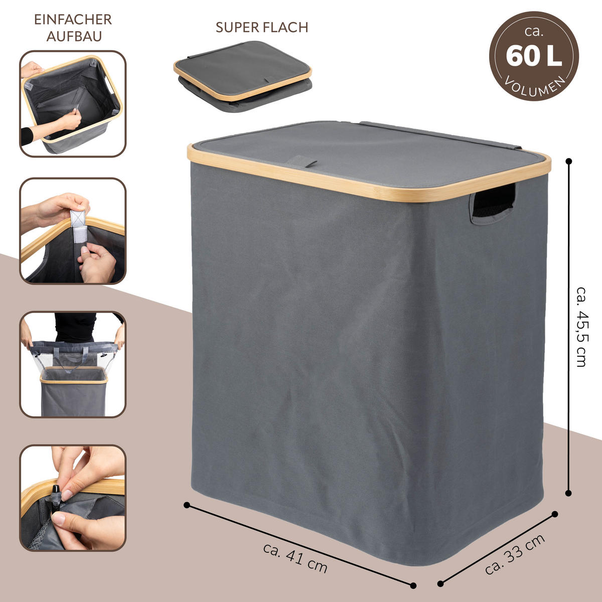 WÄSCHESAMMLER 60 Liter, grau - Grau, Textil (41/45.5/33cm) - bremermann