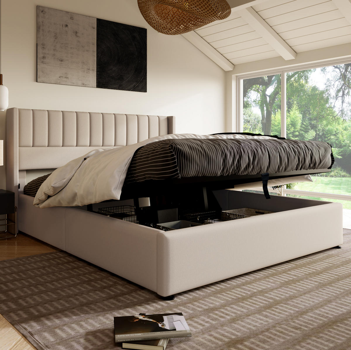 POLSTERBETT 160/200 cm mit hydraulischem Bettkasten, vertikal gestepptes Kopfteil, Beige - Beige, Textil (160/200cm) - Redom