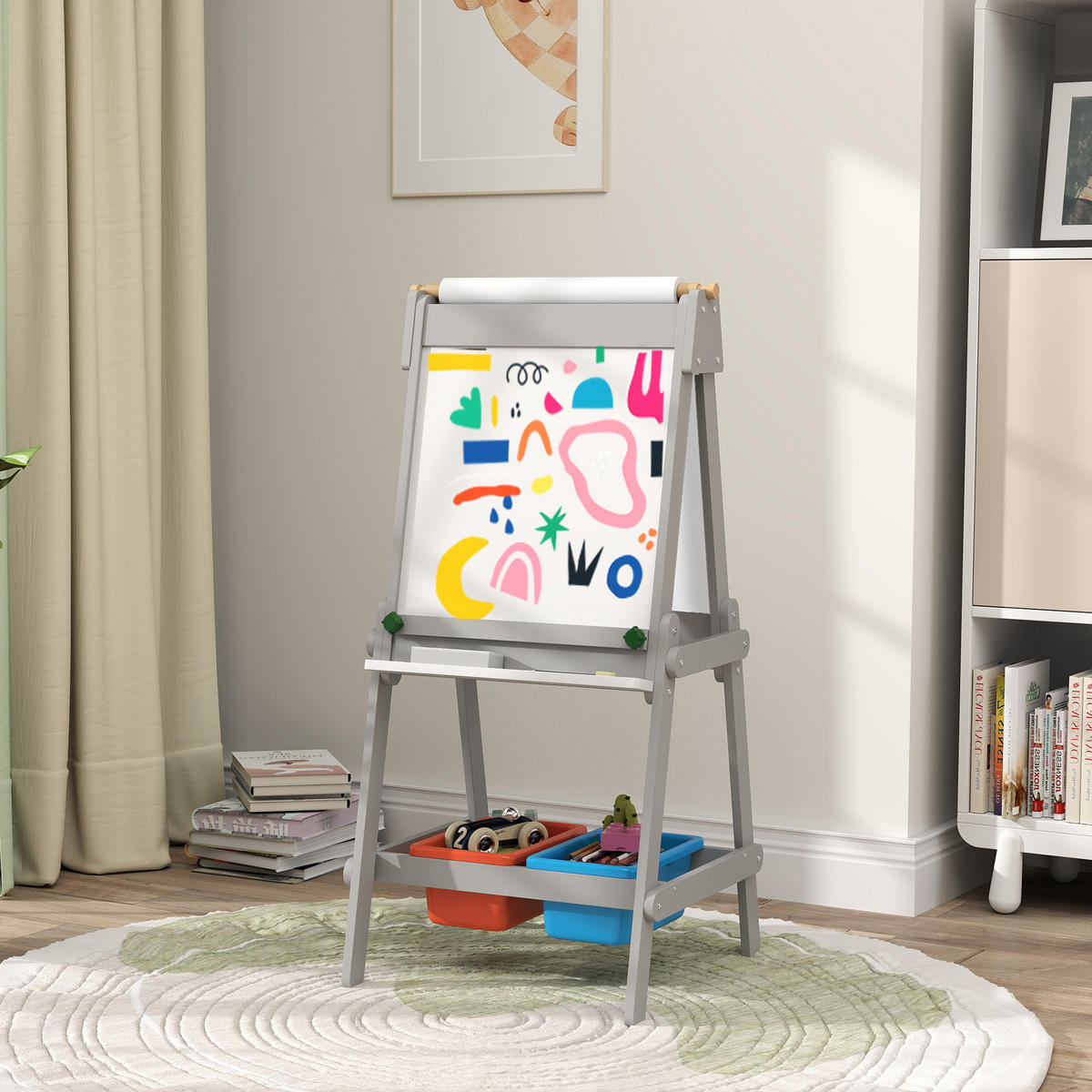 3-IN-1 Kindertafel, doppelseitige Kinder Staffelei mit Kreidetafel, Whiteboard - Grau, Holzwerkstoff (50/108/51cm) - AIYAPLAY