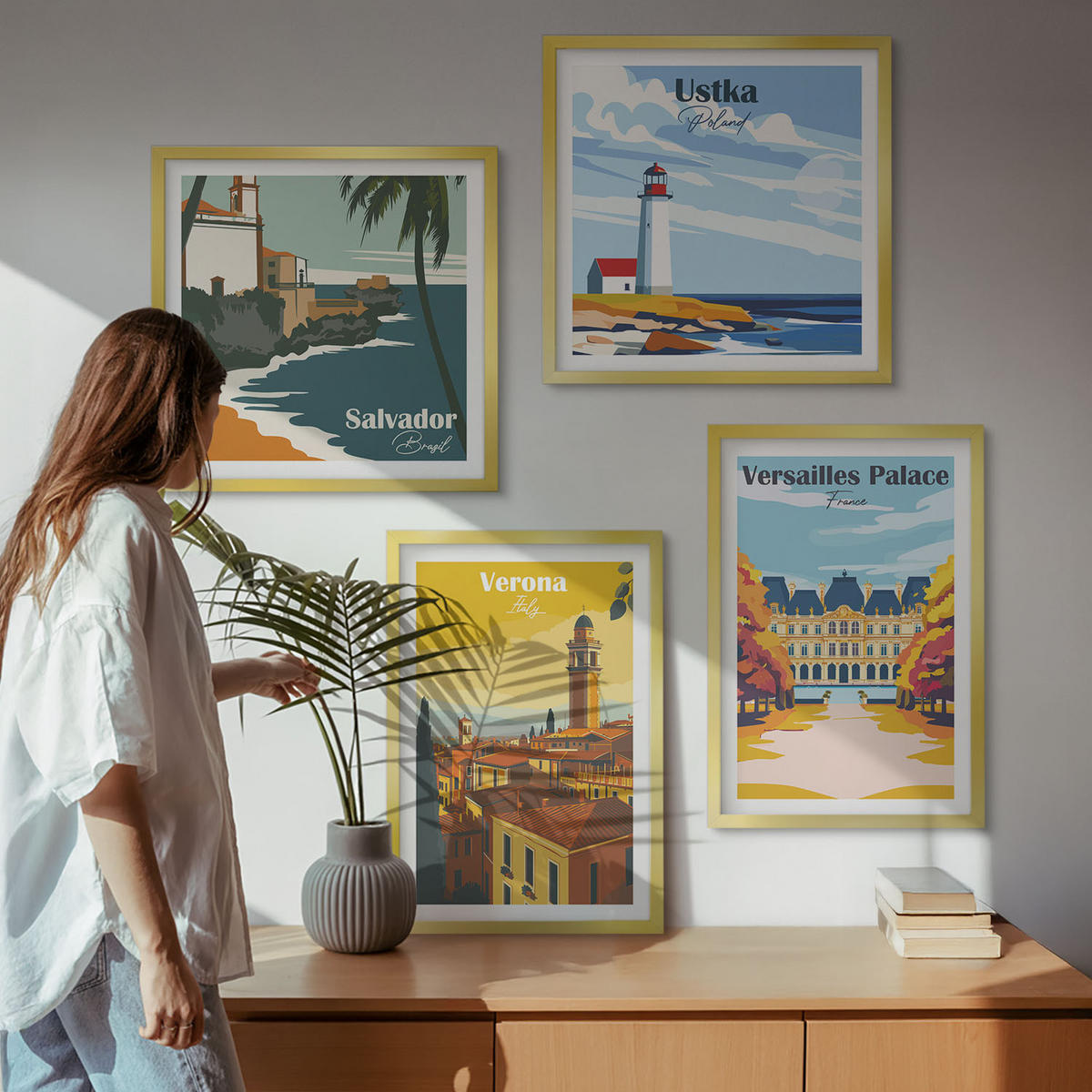 BILDER SET 4er Set - 50x50 cm & 40x60 cm Goldrahmen - Blicke auf berühmte Orte am Meer - Goldfarben, Kunststoff (50/50cm) - TULUP