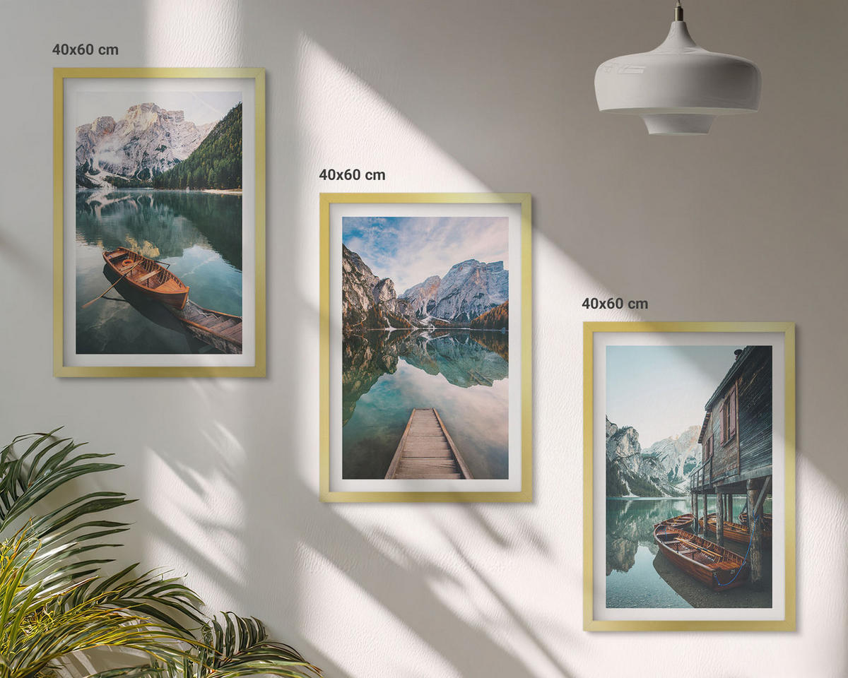 BILDER SET 3er Set - 40x60 cm Goldrahmen - See, Berge, Boote, Ferienhaus - Goldfarben, Kunststoff (40/60cm) - TULUP