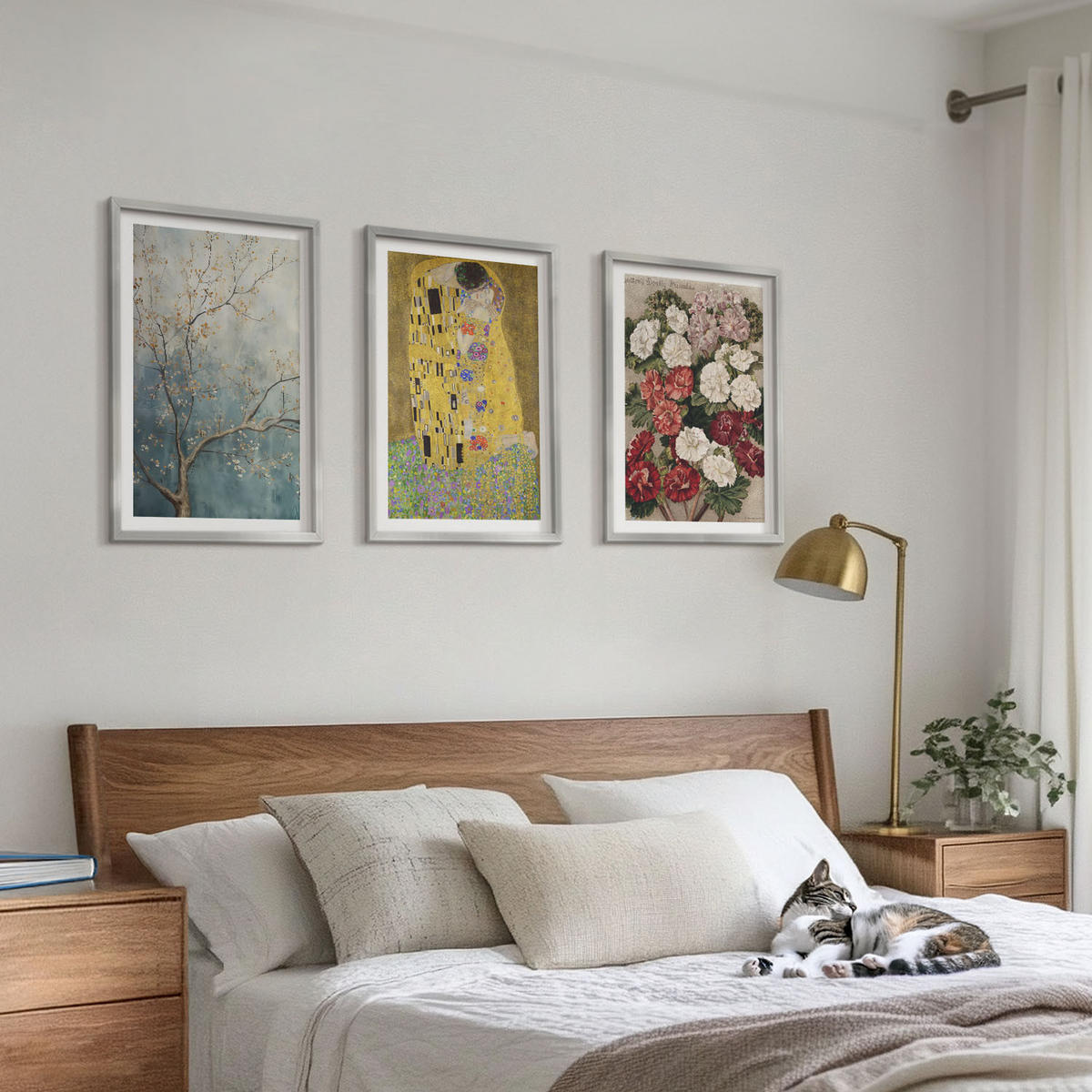 WANDBILDER 3er Set - 40x60 cm Silberner Rahmen - Blumen des Baumes (Gemälde von Klimt) - Silberfarben, Kunststoff (40/60cm) - ArtPrintCave