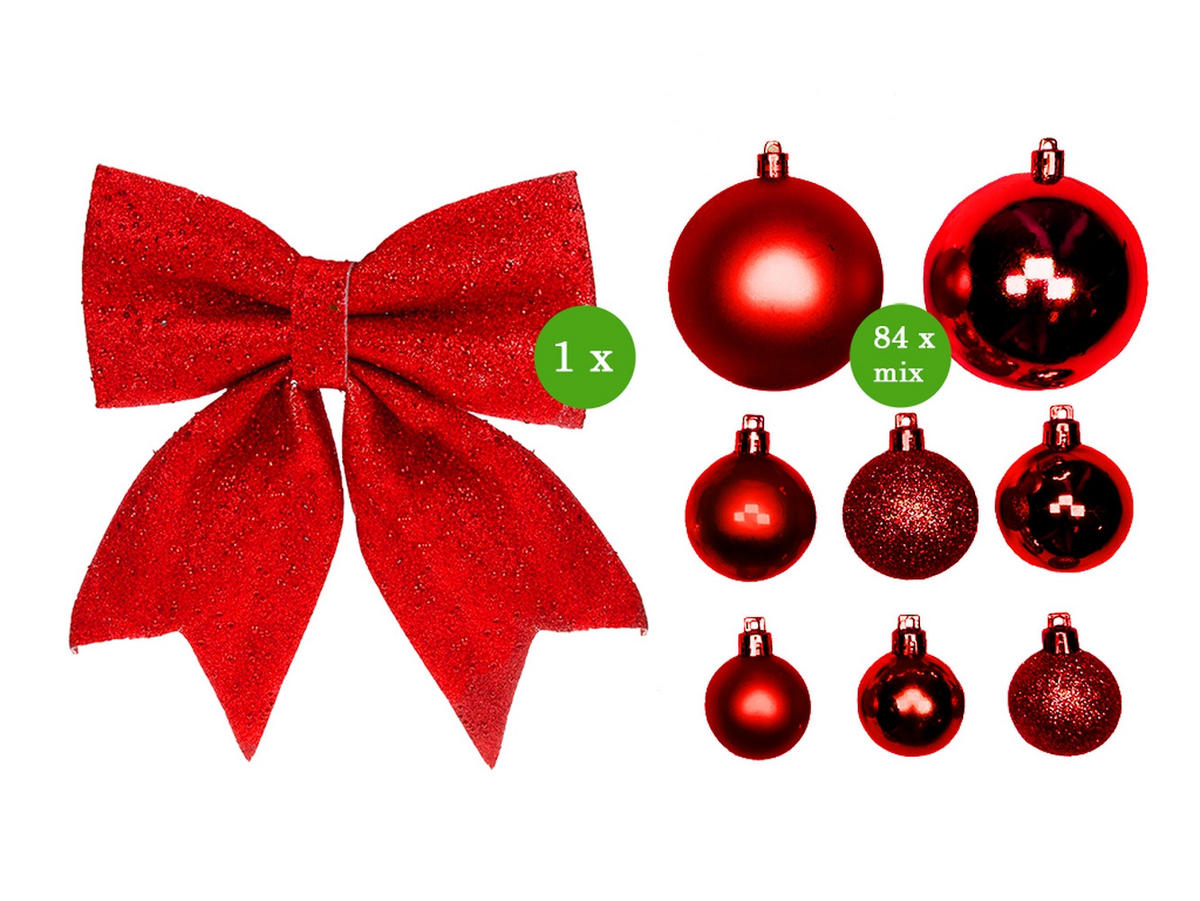 CHRISTBAUMKUGEL-SET 85 Stück in Luxus-Box RED CHRISTMAS für Weihnachtsbaum 240-270 cm - Rot, Kunststoff/Textil (55/50/75cm) - LAALU