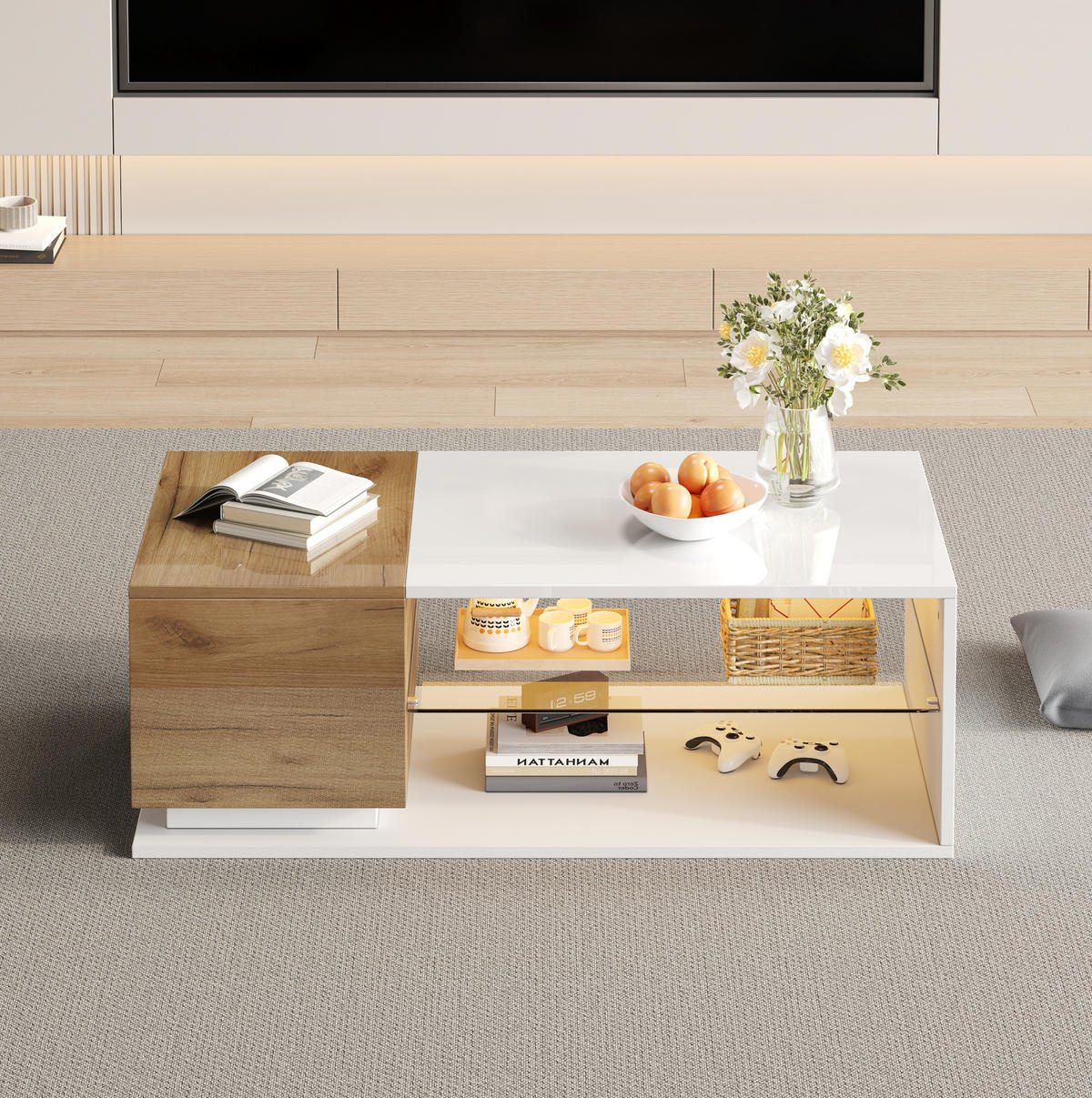 COUCHTISCH 105/50/36 cm mit LED-Beleuchtung, Stauraum, Hochglanz und Glasplatte, Weiß/Eichefarben - Weiß, Holzwerkstoff (105/50/36cm) - Redom