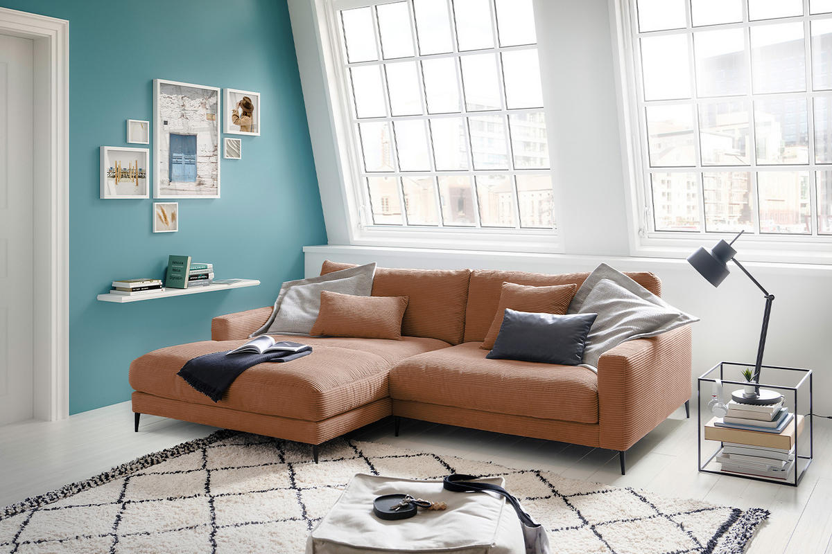 ECKSOFA CARA Braun Cord - Dunkelbraun/Schwarz, Textil/Metall (272/190cm) - KAWOLA