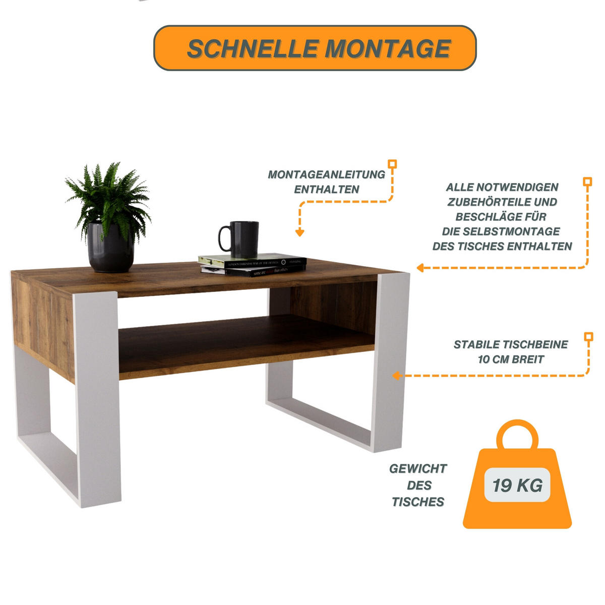 COUCHTISCH Holzwerkstoff rechteckig stabil Nussbaumfarben 45/53,6/92cm - Nussbaumfarben/Weiß, Holzwerkstoff (53.6/92/45cm) - CraftPAK