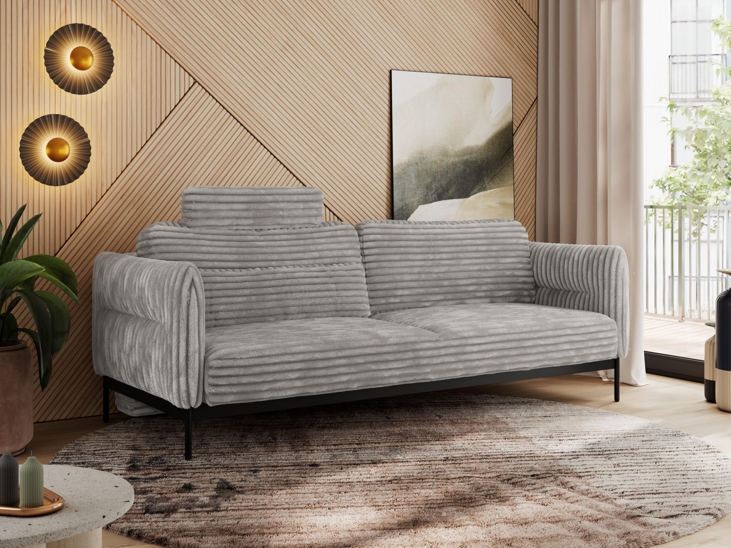 SOFA SALENTO Hellgrau Cord - Hellgrau/Schwarz, Textil/Metall (221/82/101cm) - MKS