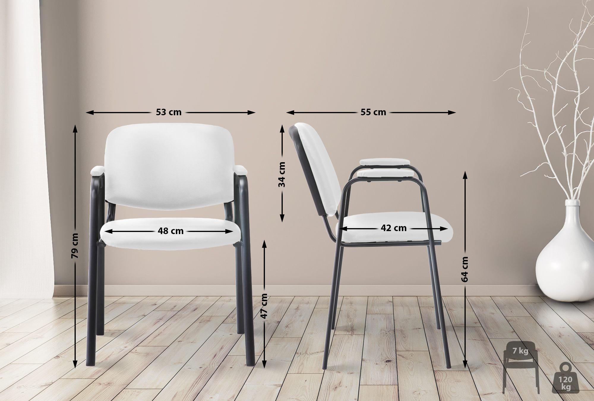 BESUCHERSTUHL Lederlook weiß - Schwarz/Weiß, Textil/Metall (53/79/55cm) - CLP