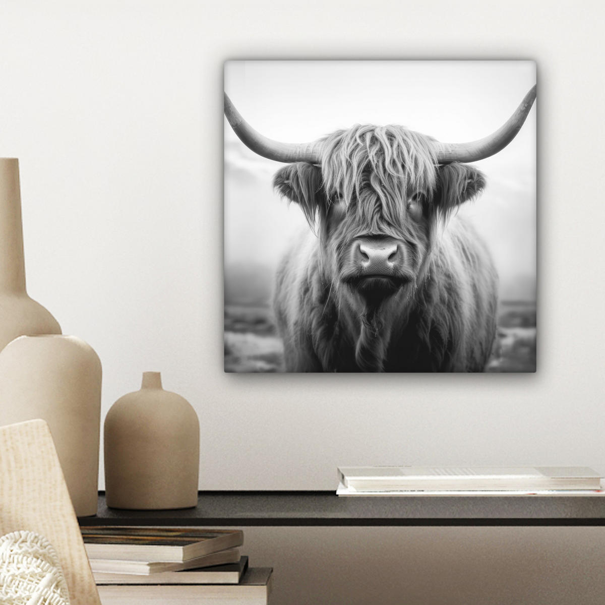 LEINWANDBILD - Schottischer Highlander - Nebel - Schwarz - Weiß - 20x20 - Wandbilder - Grau, Textil (20/20cm) - MuchoWow