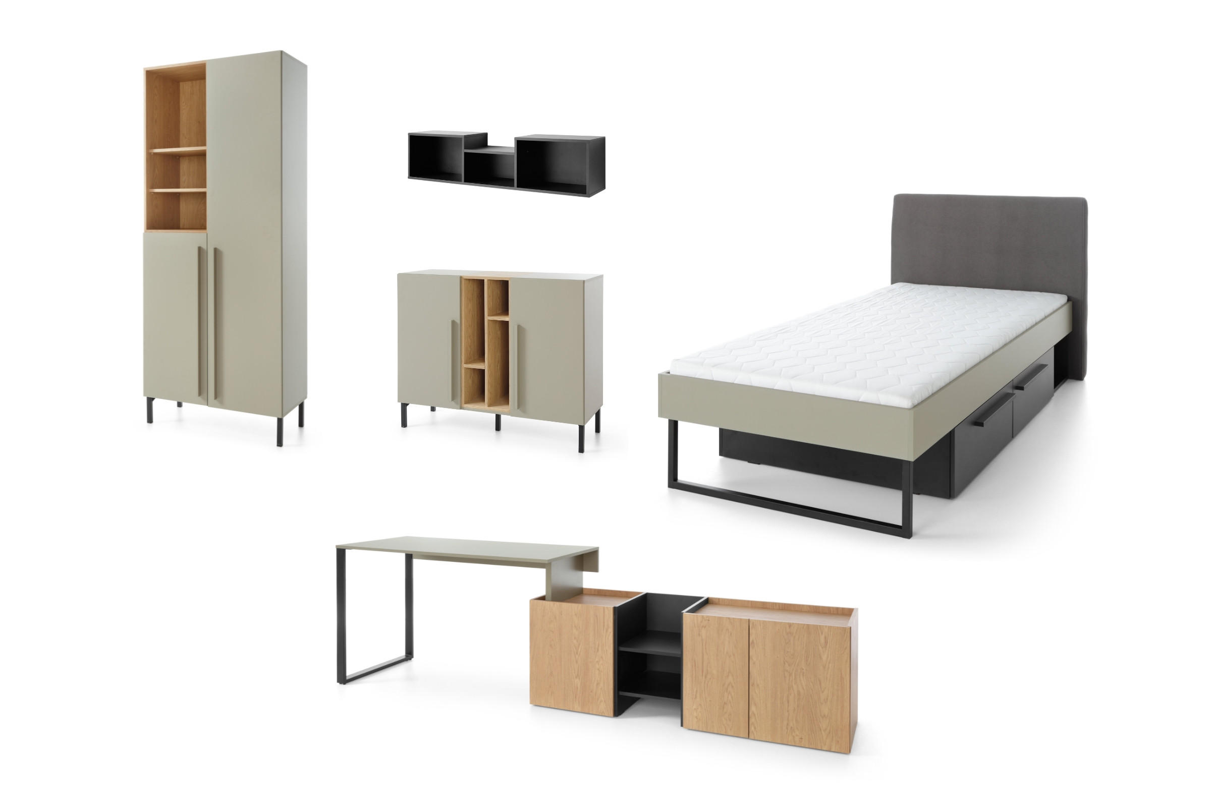JUGENDZIMMER-SET SORENTO A 5-teilig in Eukalyptus/Baltic Düne Eiche/Schwarzer Onyx - Eukalyptusholzfarben/Eichefarben, Holzwerkstoff (546/212/195cm) - Deine Möbel 24