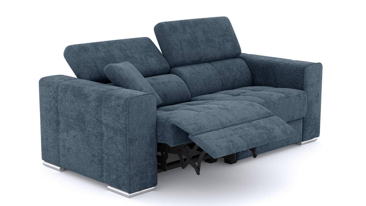 SOFA QUARTZ 3-Sitzer mit 1 Relaxfunktion, blau - Blau/Silberfarben, Holzwerkstoff/Textil (204/80/102cm) - Courtois Laville