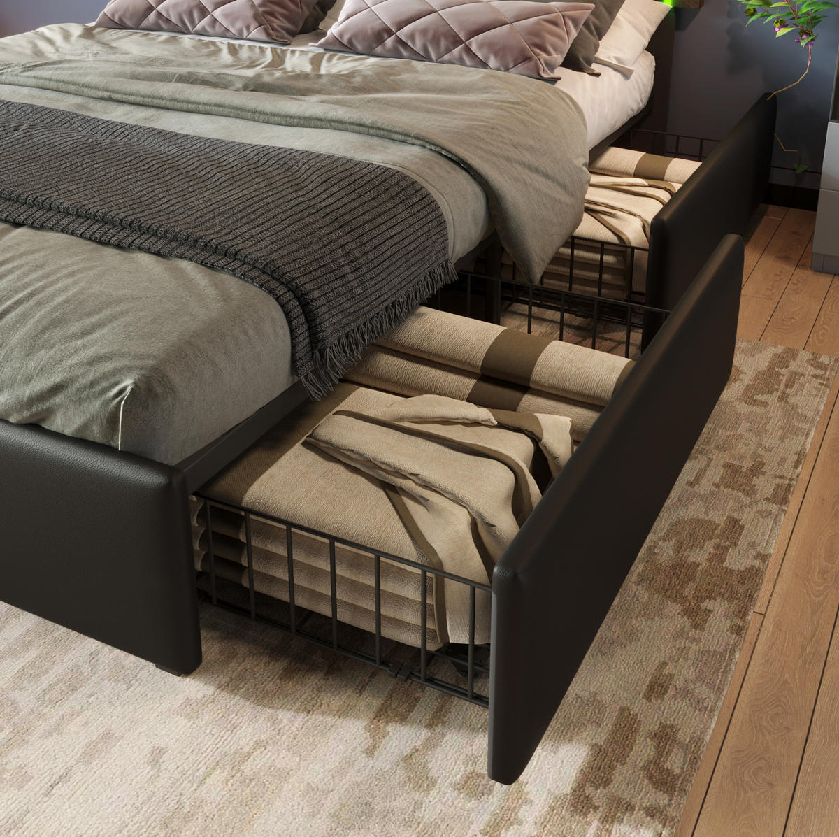 BETT mit LED und 4 Schubladen 90x200 cm PU Schwarz inkl. Matratze - Schwarz, Metall (90/200cm) - Meubliv