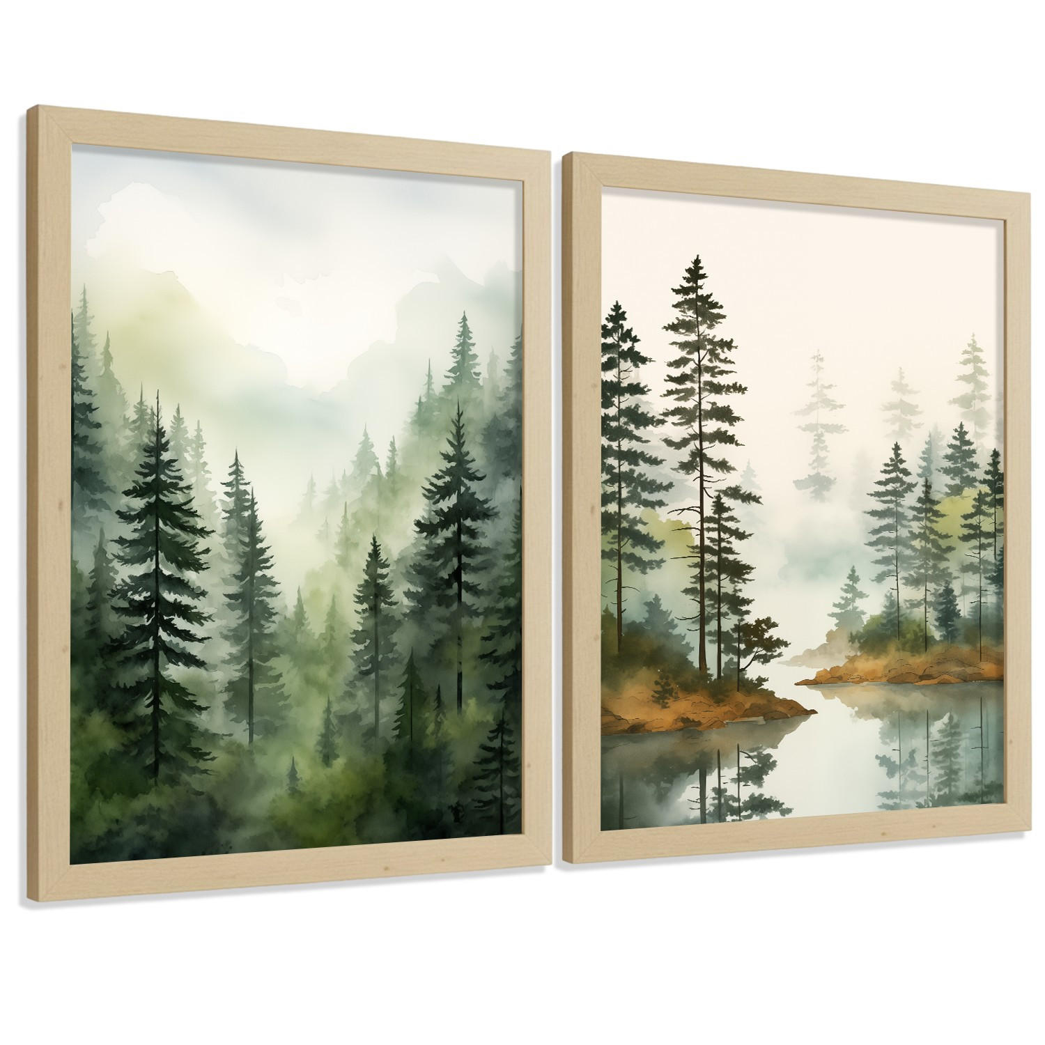 PLAKAT Sada 2 dekorativních tisků Nordic Forest Landscape obývák Obrázky - zelené a hnědé dekorativní plakáty Obývací pokoj A4 bez rámu