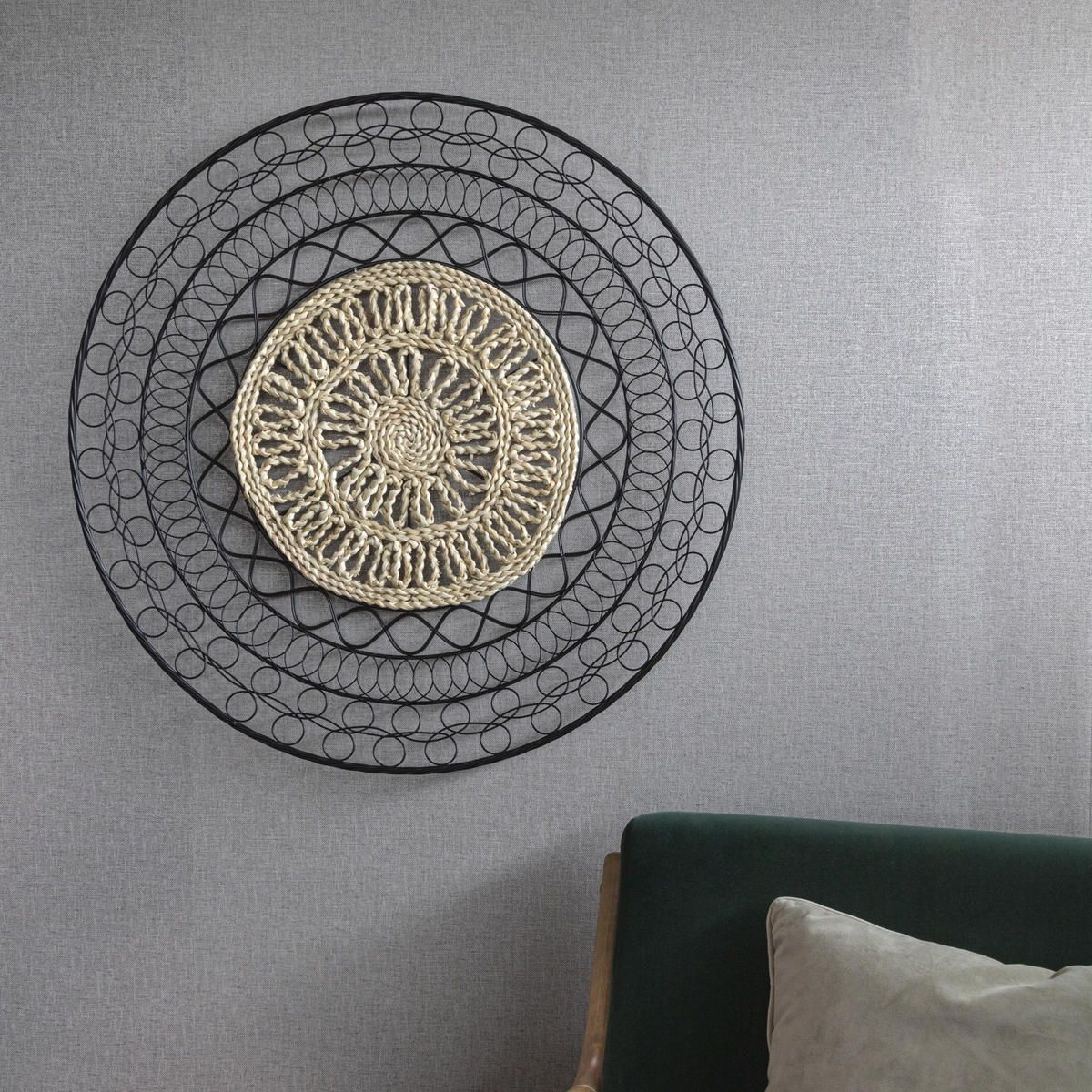 METALLKUNST - Mandala mit Rattan - Schwarz/Braun, Metall (76/76/76cm) - Art for the Home