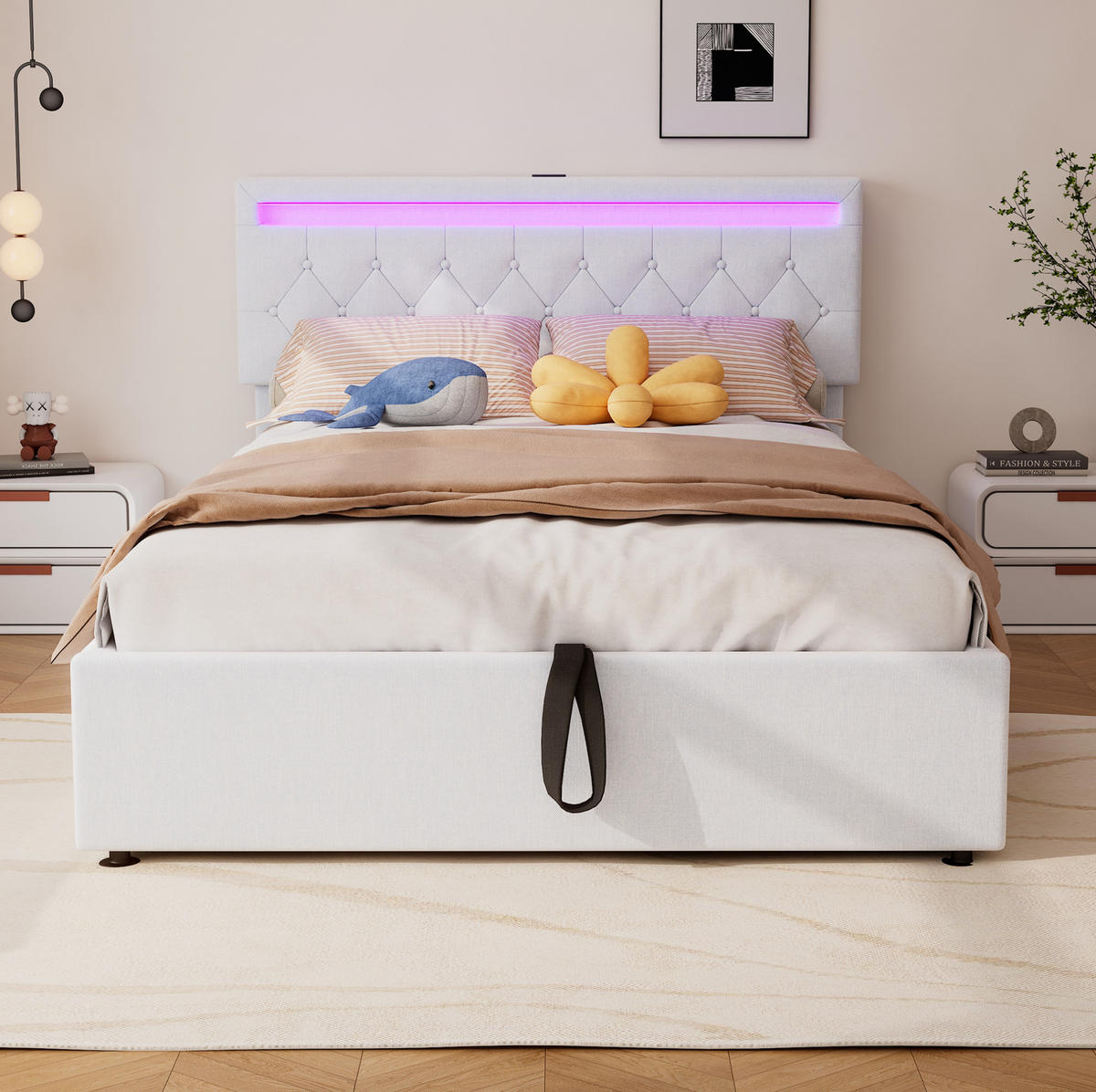 POLSTERBETT 140/200 cm Weiß mit Stauraum mit LED-Beleuchtung mit USB- und Type-C-Anschlüssen - Weiß, Textil (140/200cm) - OKWISH