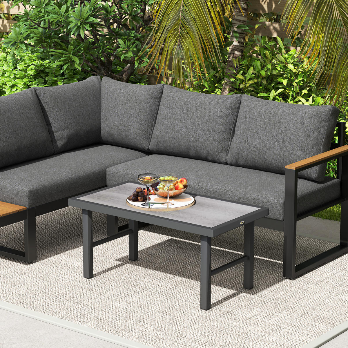 GARTENBEISTELLTISCH DE-14181 rechteckig 100x52 cm, Holzoptik Schwarz - Grau, Metall (100/52/46cm) - ComfortXL