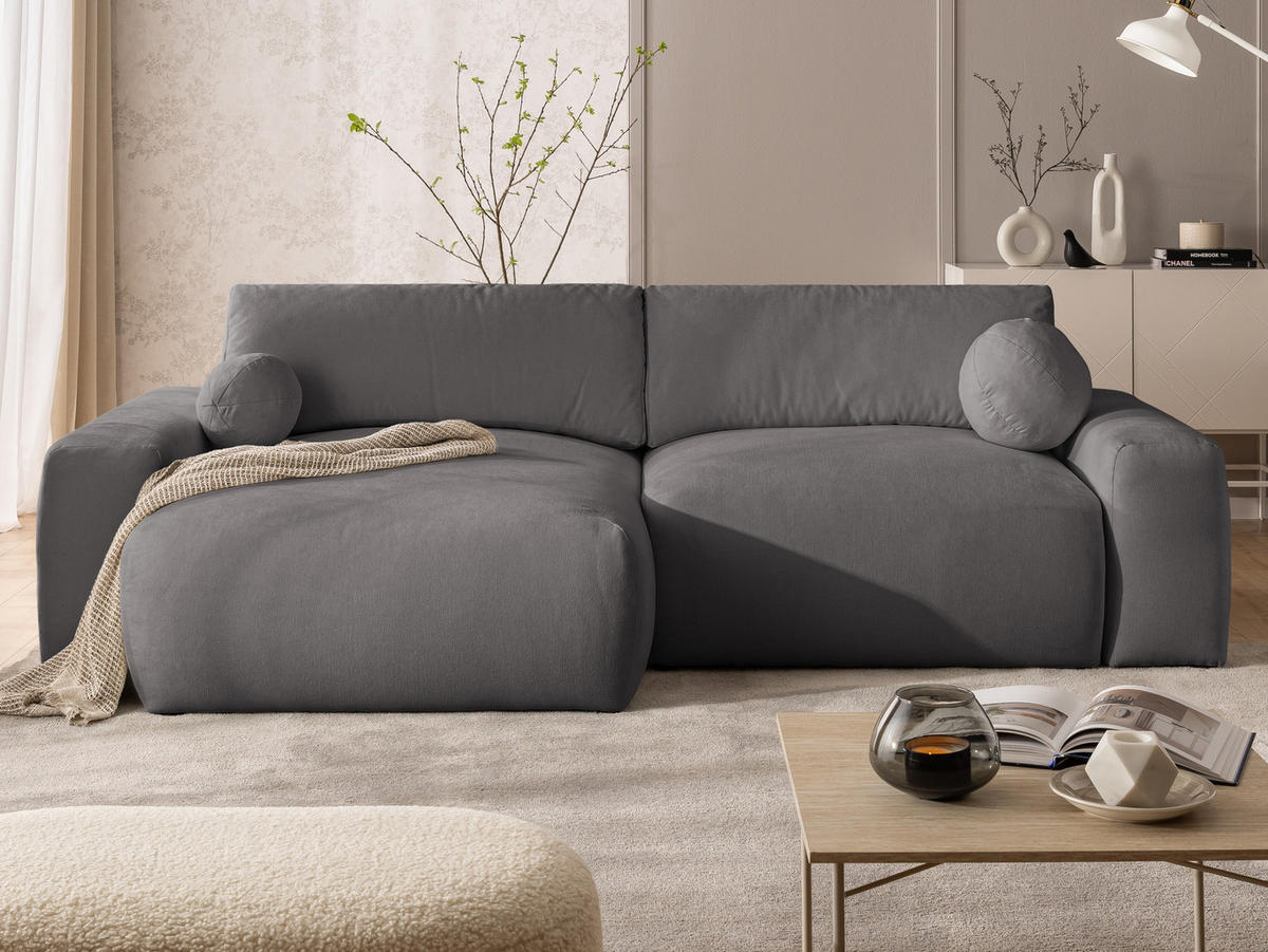 ECKSOFA Puffy mit Schlaffunktion und Bettkasten - besonders weich und puffig aus Taupe Webstoff - Ottomane links - Taupe/Schwarz, Holz/Kunststoff (138/266cm) - S-Style Möbel