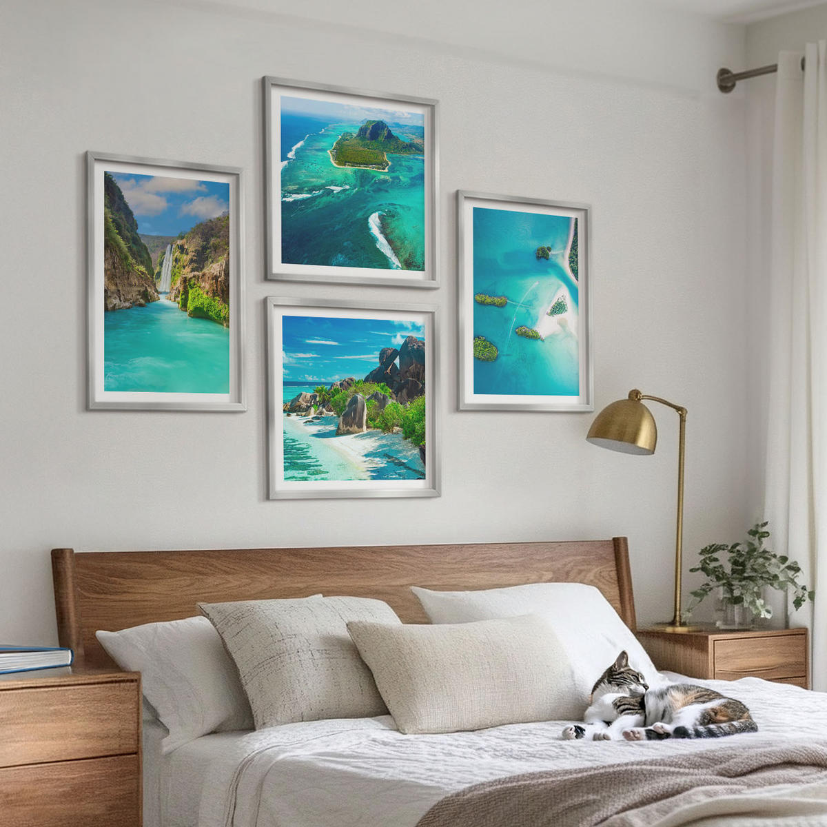 WANDBILDER 4er Set - 50x50 cm & 40x60 cm Silberner Rahmen - Tropische türkisfarbene Inseln - Silberfarben, Kunststoff (50/50cm) - ArtPrintCave