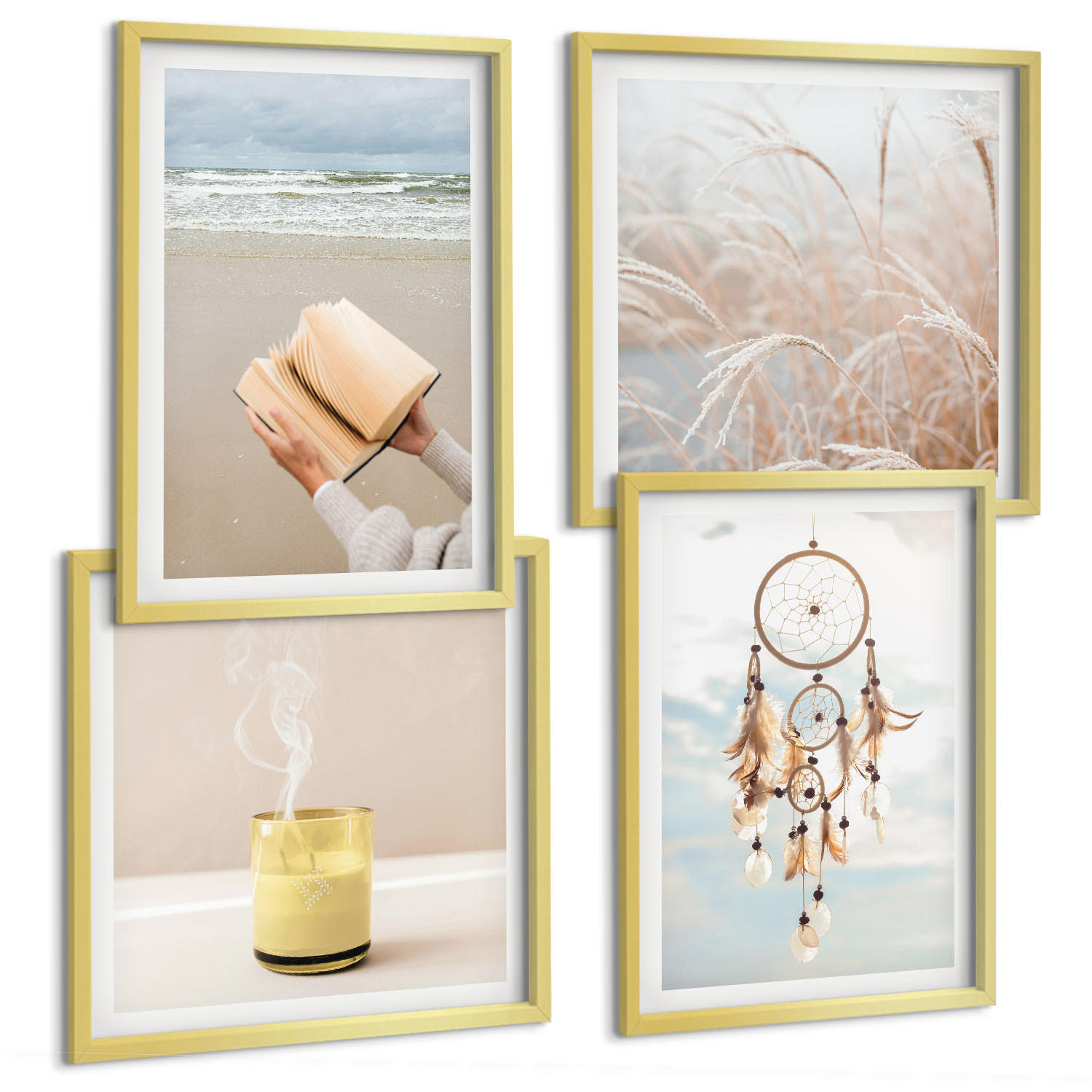 BILDER SET 4er Set - 50x50 cm & 40x60 cm Goldrahmen - Sommerlandschaften im Boho-Stil - Goldfarben, Kunststoff (50/50cm) - TULUP