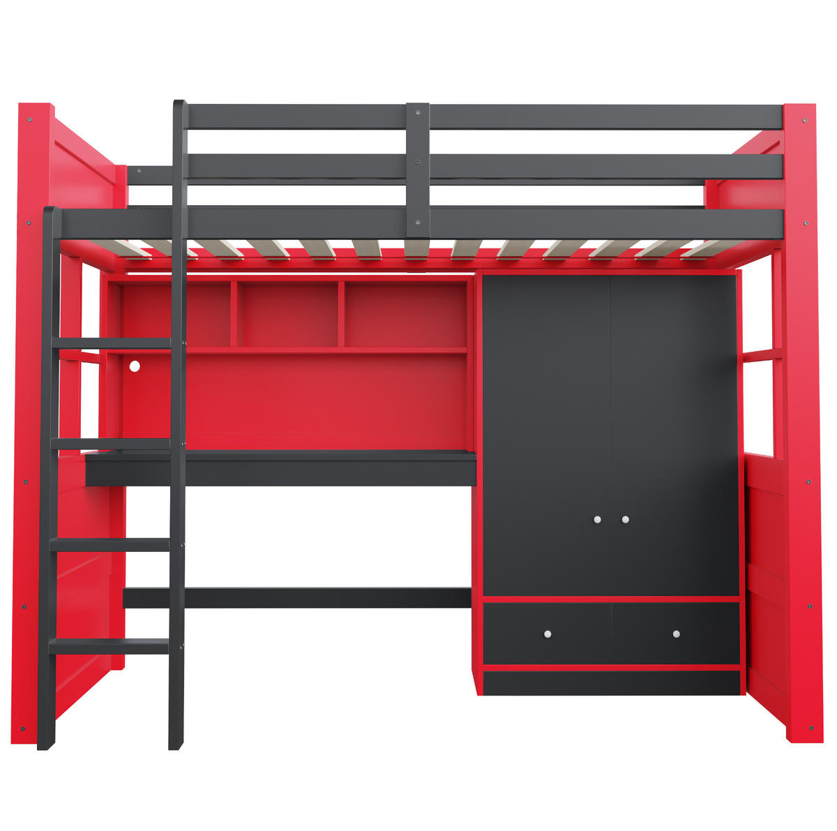 HOCHBETT 90/200 cm aus Holz mit Schreibtisch, Stauraum, Leiter, Schwarz Rot - Rot, Holz (90/200cm) - OKMYHOME