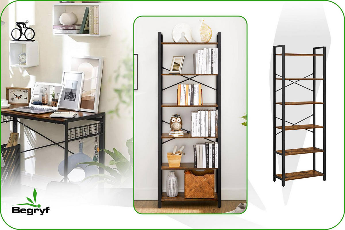 STANDREGAL Holzoptik Metall Dunkelbraun Schwarz 6 Böden 66x30x186 cm - Dunkelbraun/Schwarz, Holzwerkstoff/Metall (30/186/66cm) - Begryf