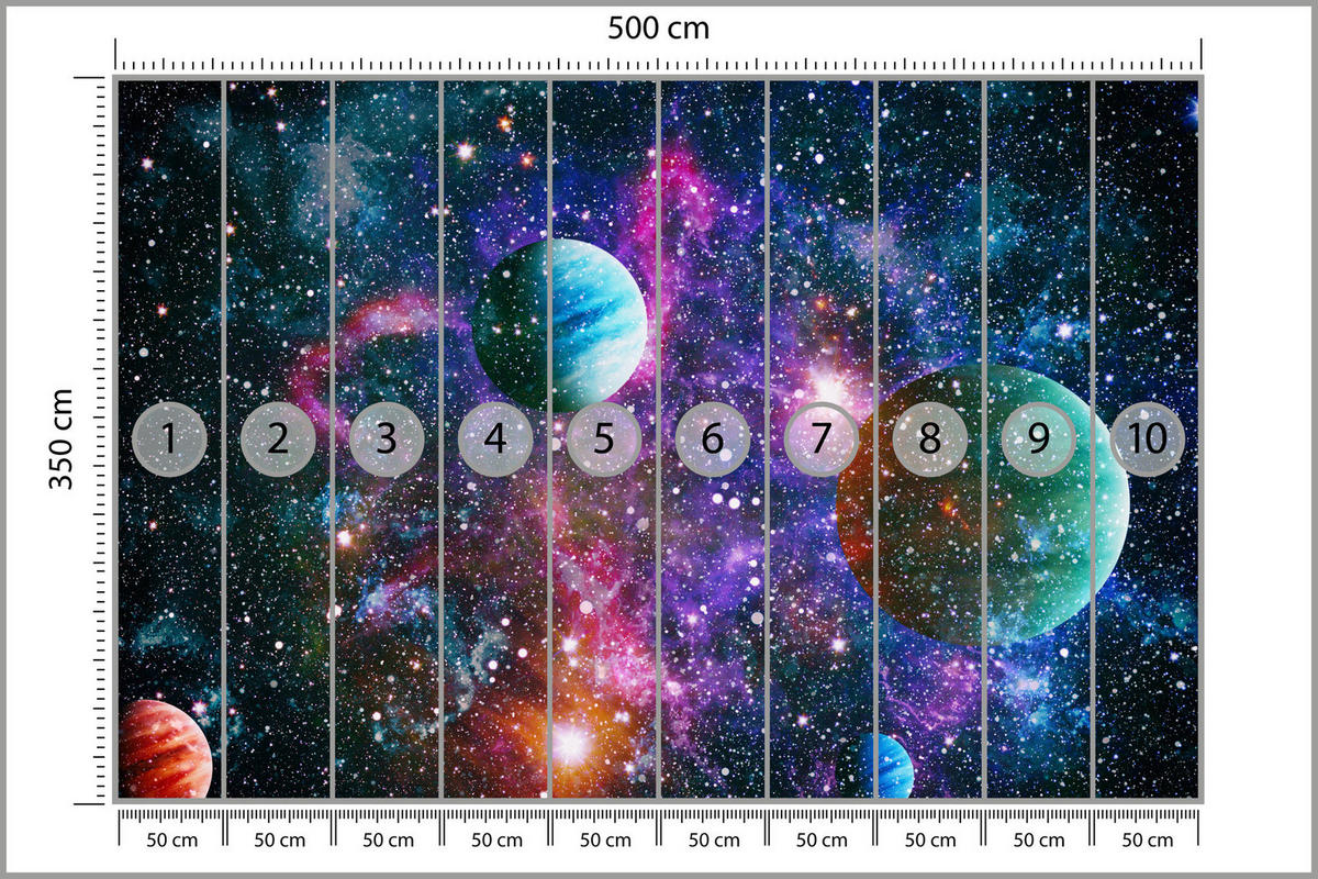 FOTOTAPETE für Schlafzimmer Bunte Planeten Sternenhimmel Kosmos 500x350 - Rot/Violett, Papier (500/350cm) - Muralo