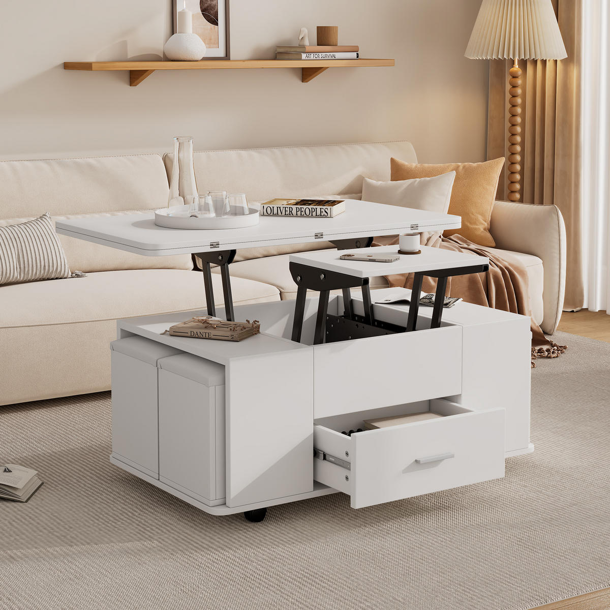 COUCHTISCH Höhenverstellbar 4-in-1 Weiß mit Schubladen 4 Hocker - Weiß, Holzwerkstoff (100/50/45cm)