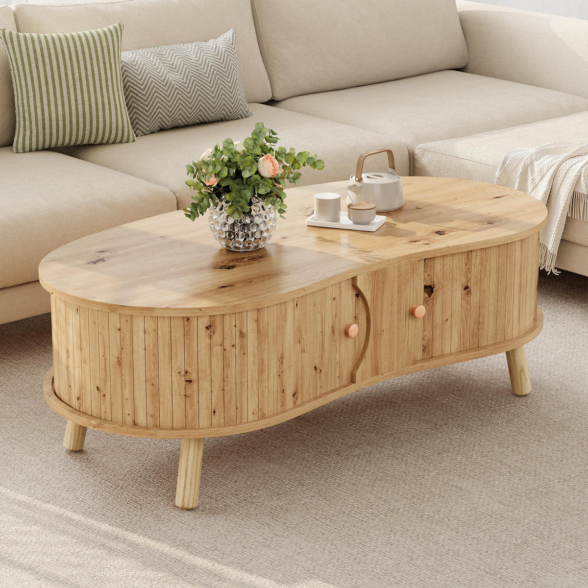 COUCHTISCH organisch Rillenoptik 2 Schiebetüren - Naturfarben, Holz (50/108/37cm) - LEBENLANG