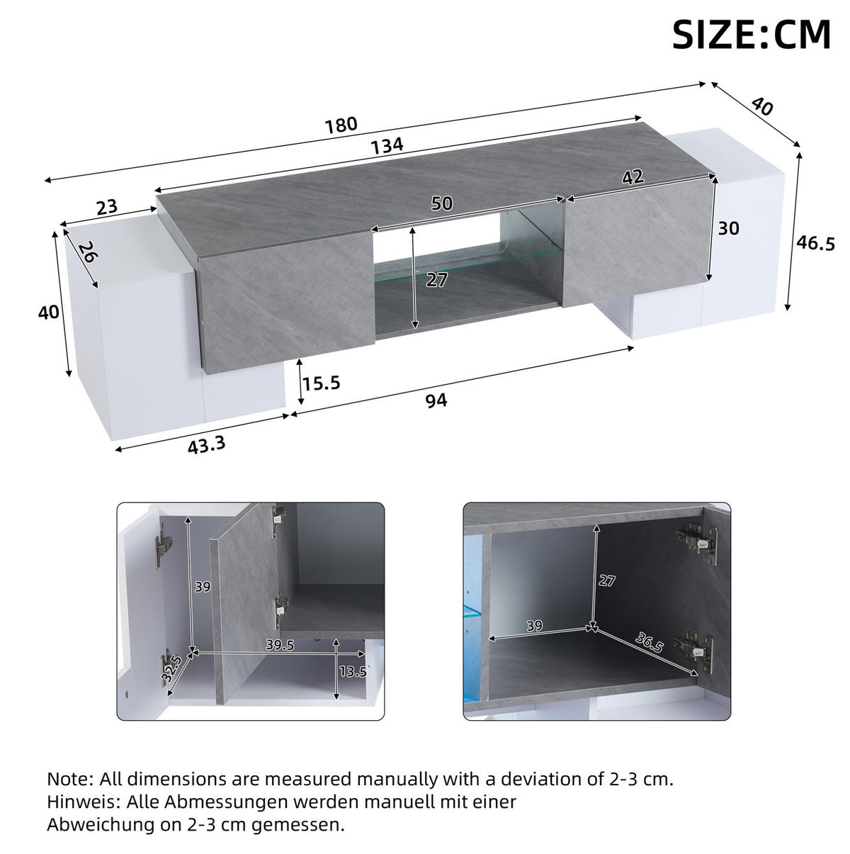 LOWBOARD 180/40/46,5 cm aus MDF mit LED-Lichtleiste und 4 Türen Weiß/Grau - Weiß, Holzwerkstoff (180/46.5/40cm) - Modenvie