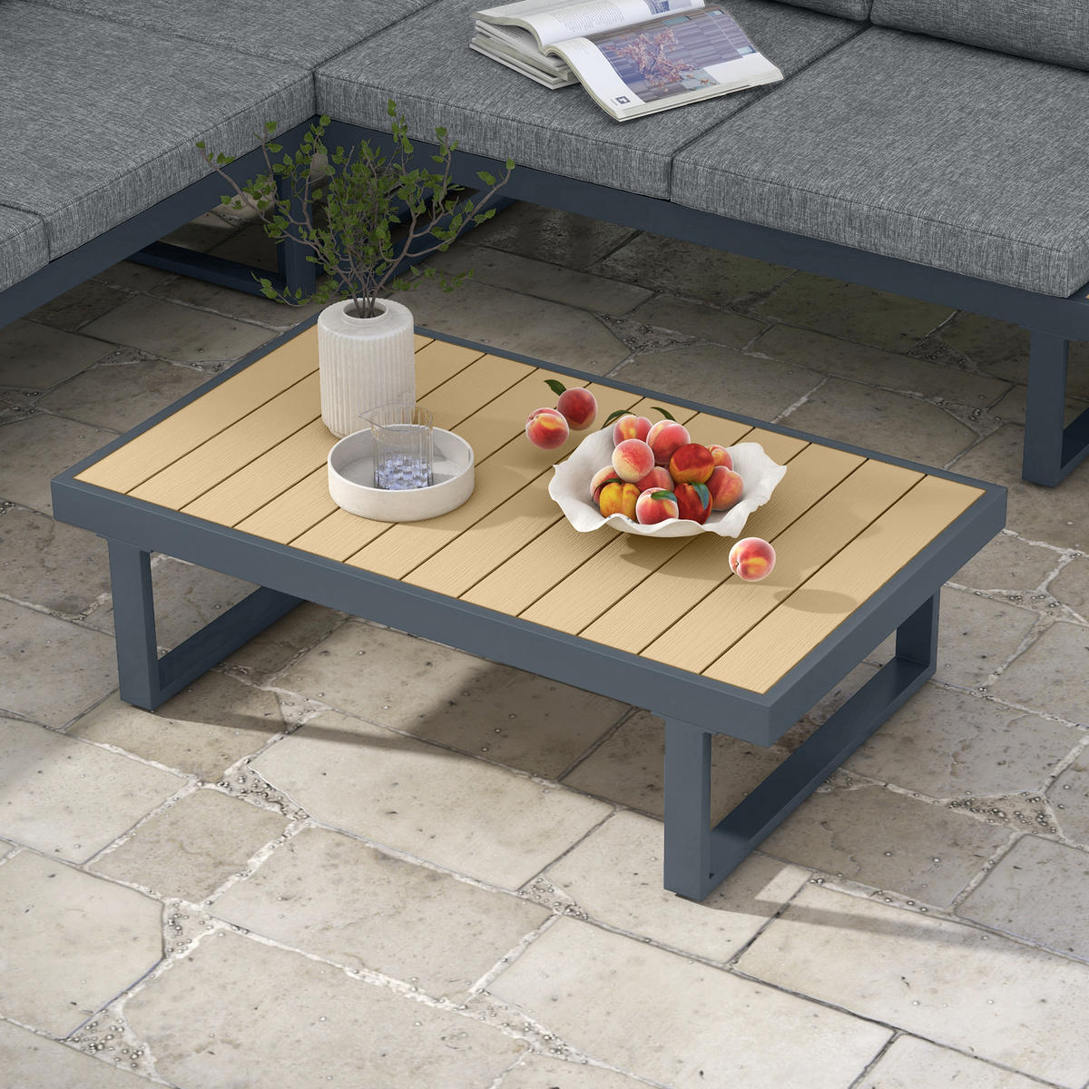 LOUNGEGARNITUR 5 Sitzplätze DE-13401 Aluminium & Holzoptik Anthrazit - Dunkelgrau, Metall - ComfortXL