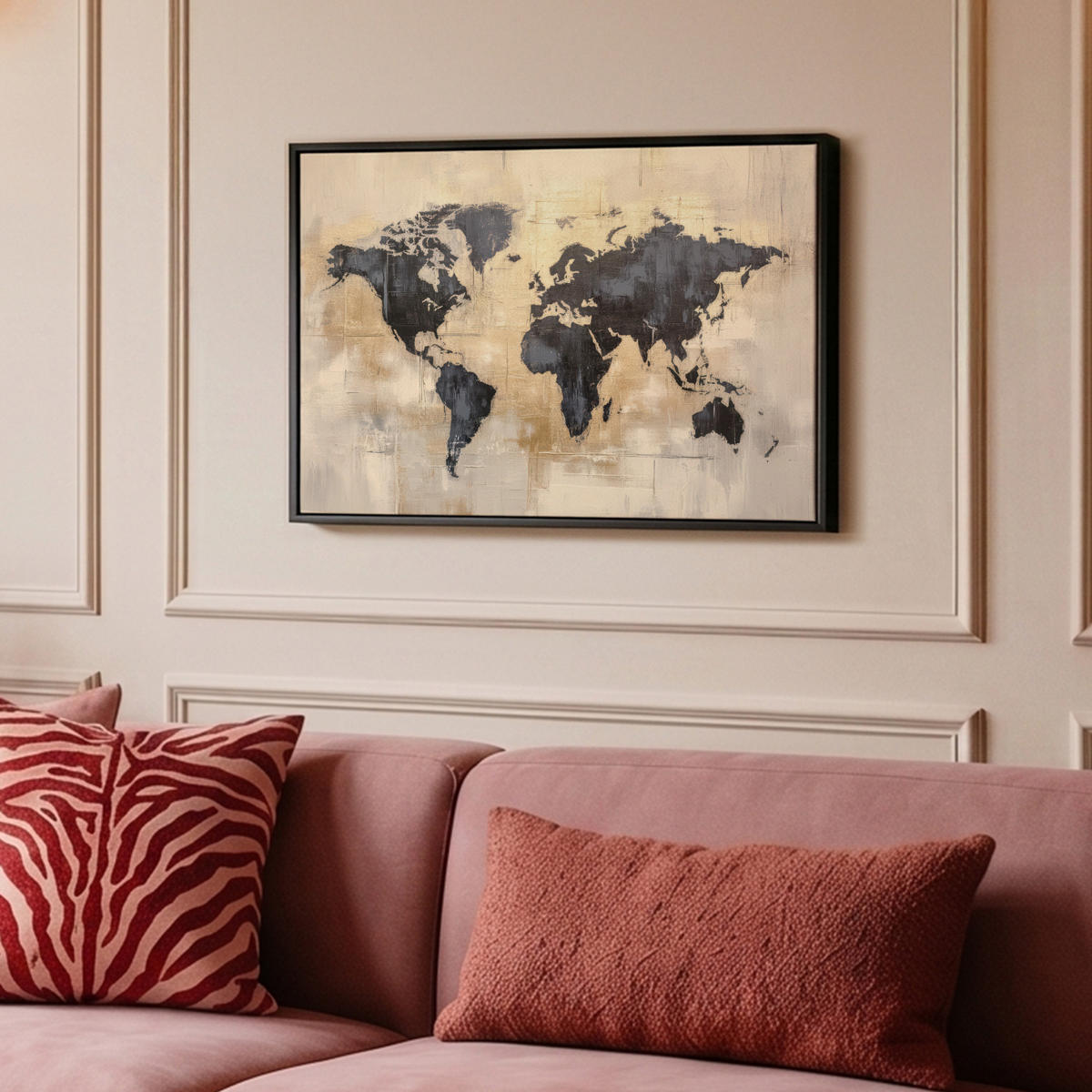 LEINWAND Bilder mit Rahmen - Weltkarte - Gold - Schwarz - Abstrakt - 60x40 - Kupferfarben, Textil (60/40cm) - MuchoWow